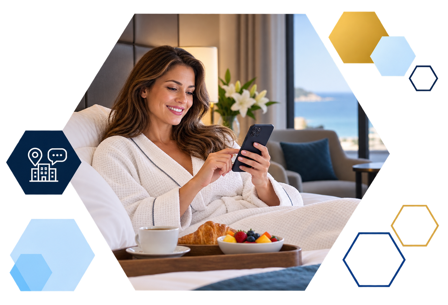 Cardholder making a payment on a laptop with analytics overlays, framed in hexagons