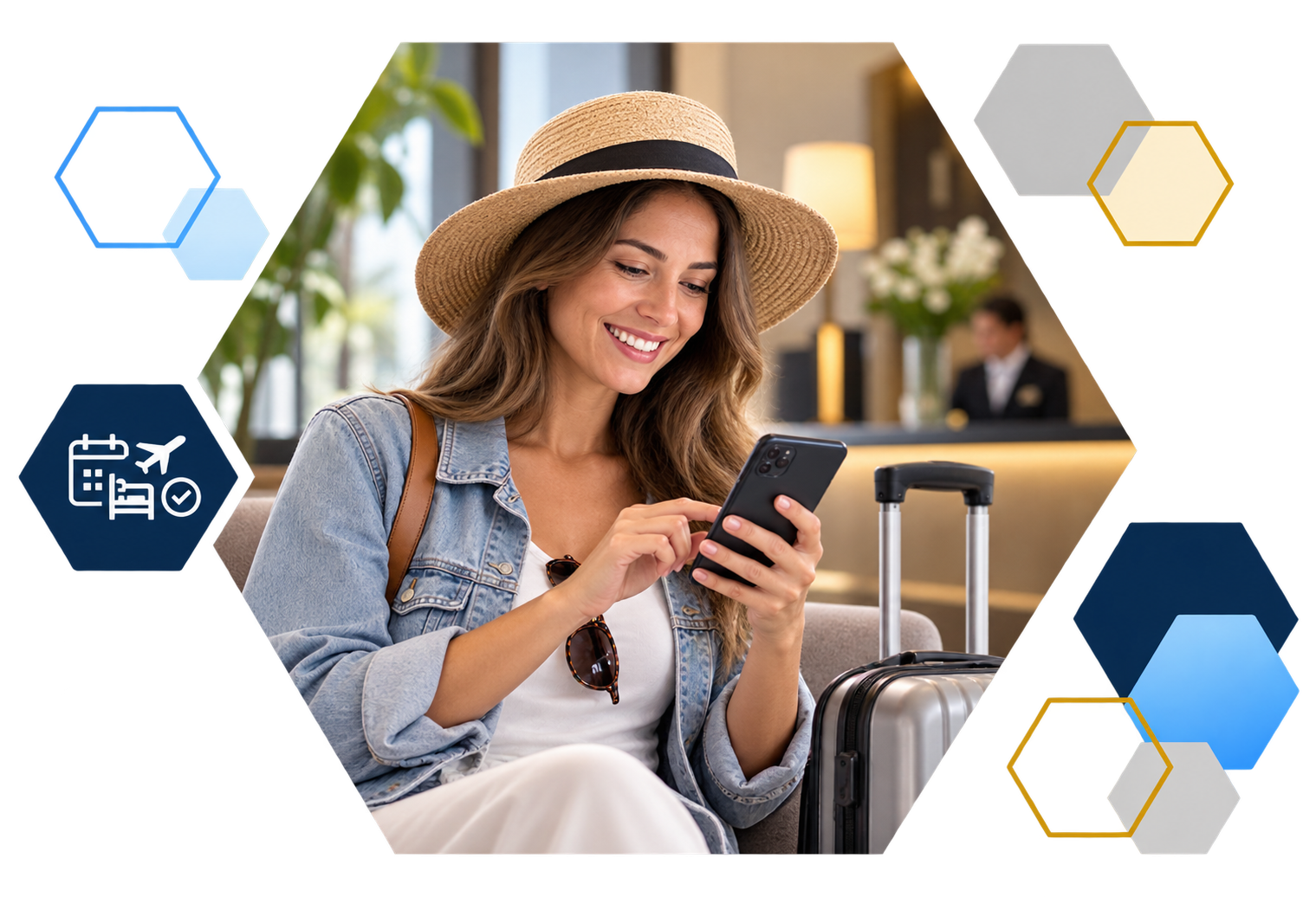 Cardholder making a payment on a laptop with analytics overlays, framed in hexagons