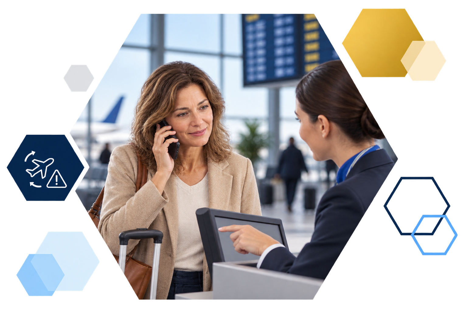 Cardholder making a payment on a laptop with analytics overlays, framed in hexagons