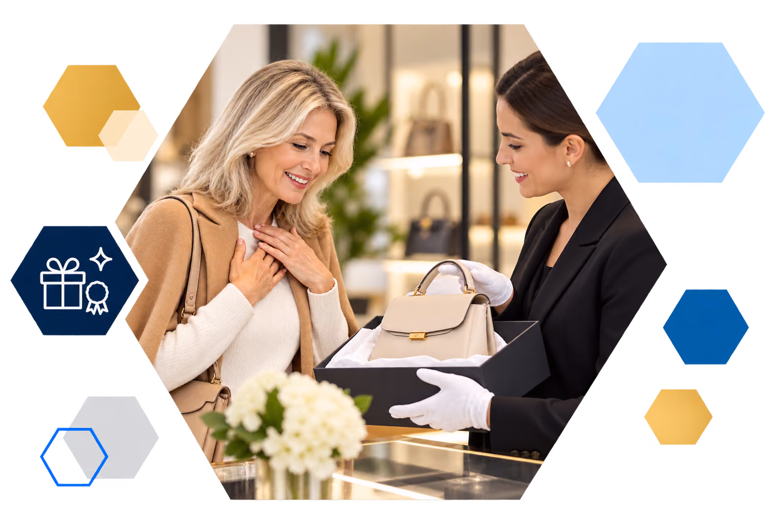 Cardholder making a payment on a laptop with analytics overlays, framed in hexagons