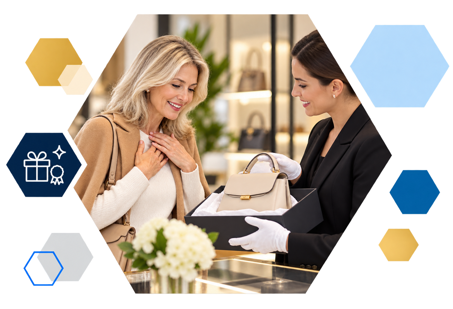 Cardholder making a payment on a laptop with analytics overlays, framed in hexagons