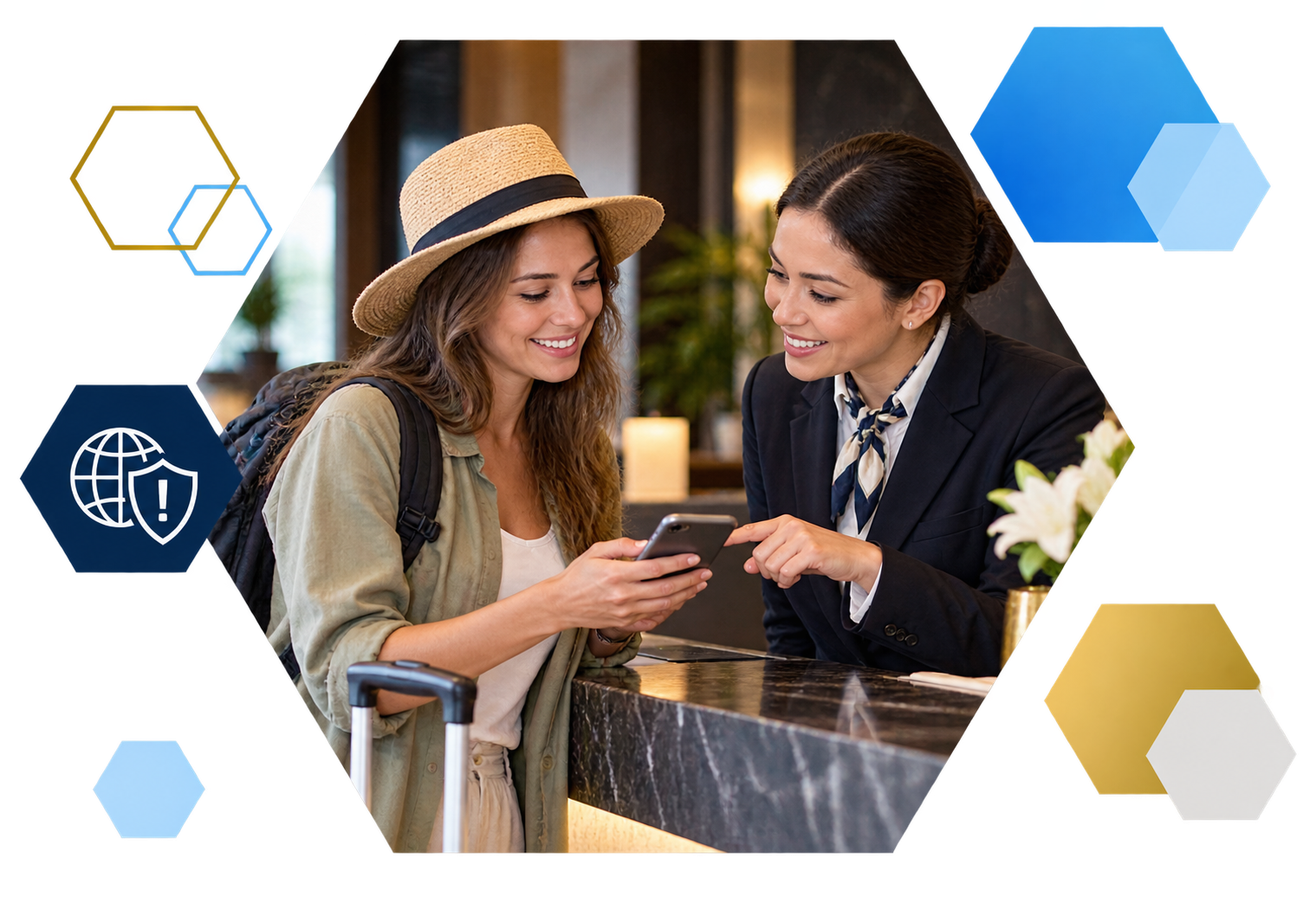 Cardholder making a payment on a laptop with analytics overlays, framed in hexagons