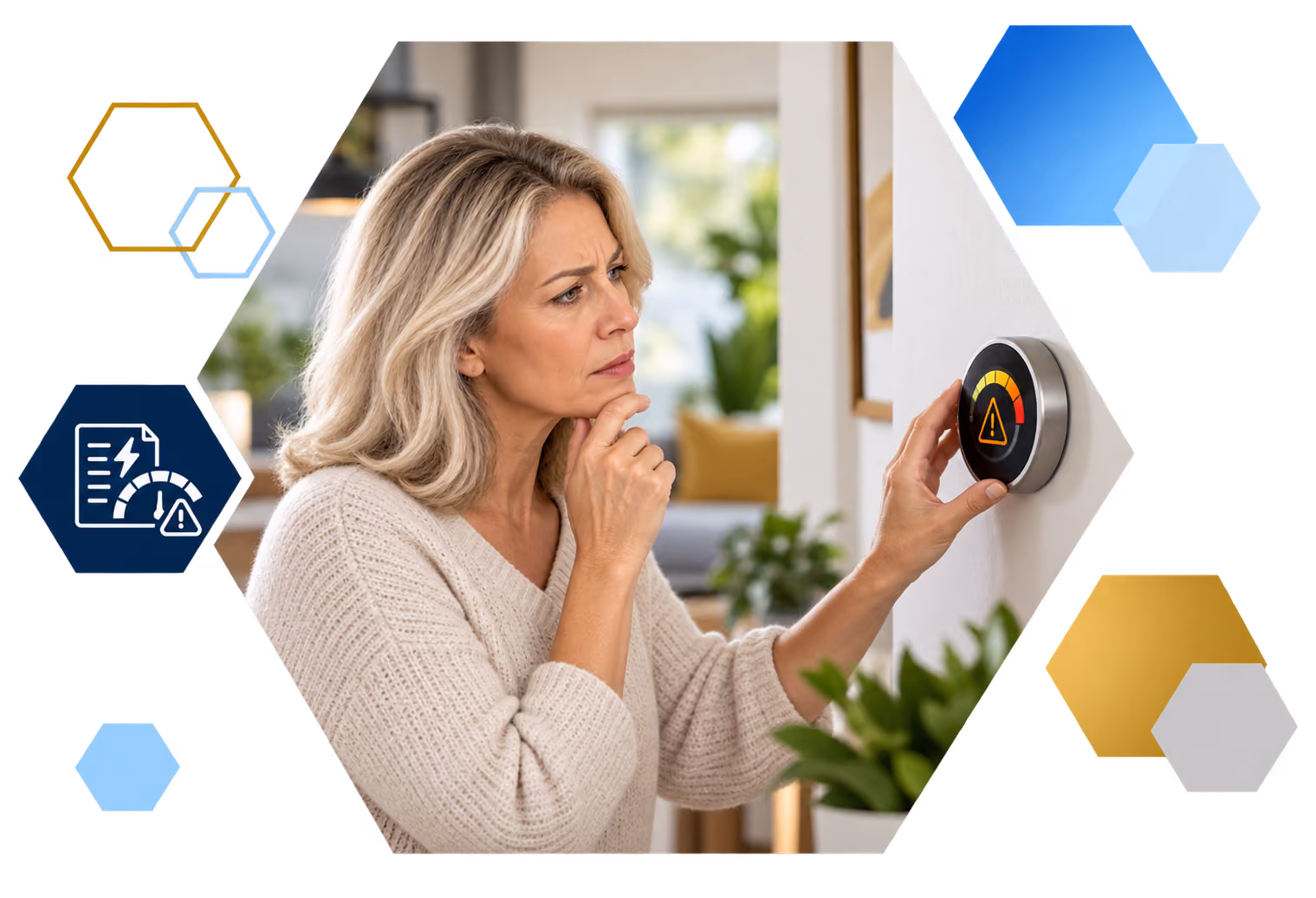 Cardholder making a payment on a laptop with analytics overlays, framed in hexagons