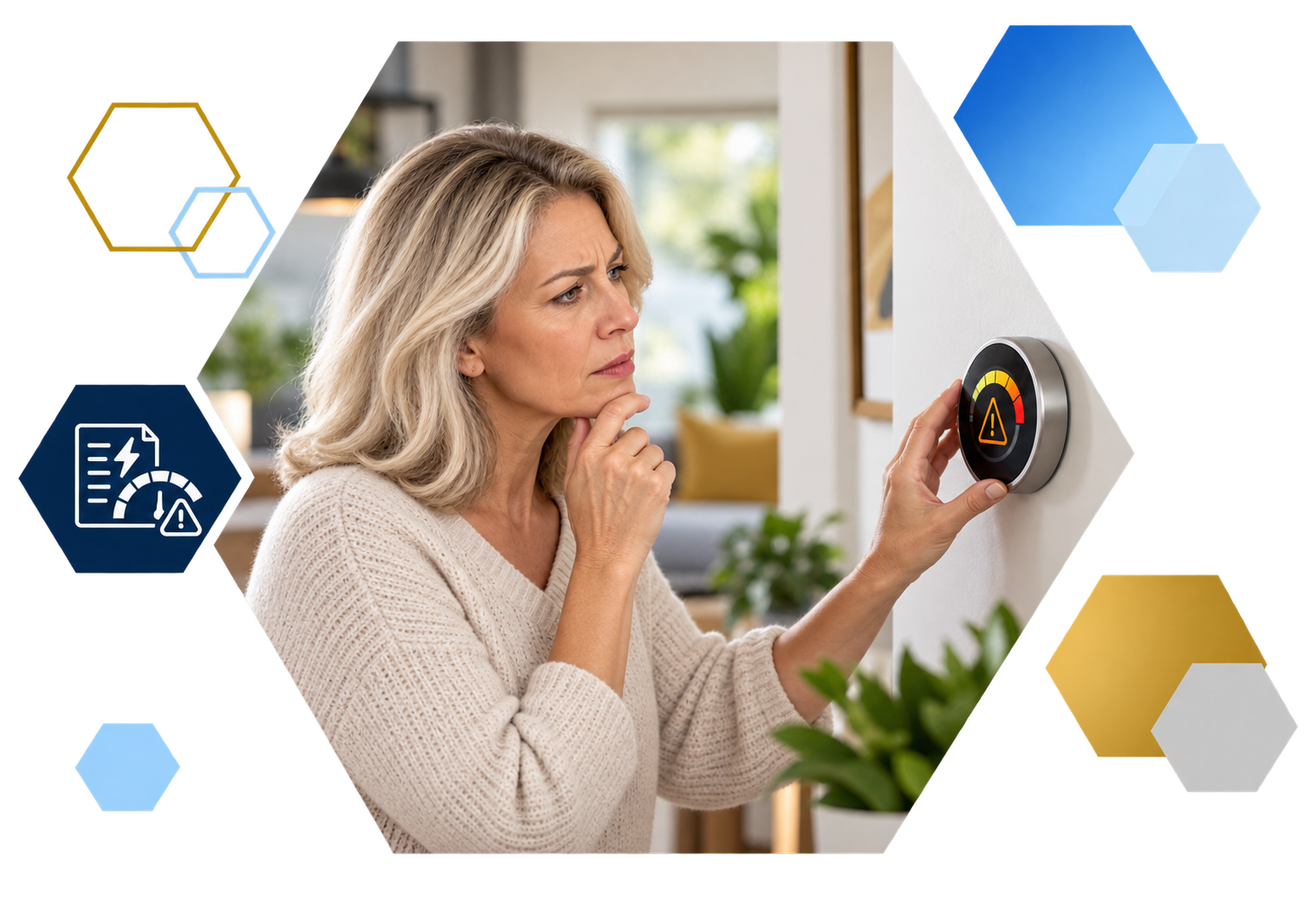 Cardholder making a payment on a laptop with analytics overlays, framed in hexagons