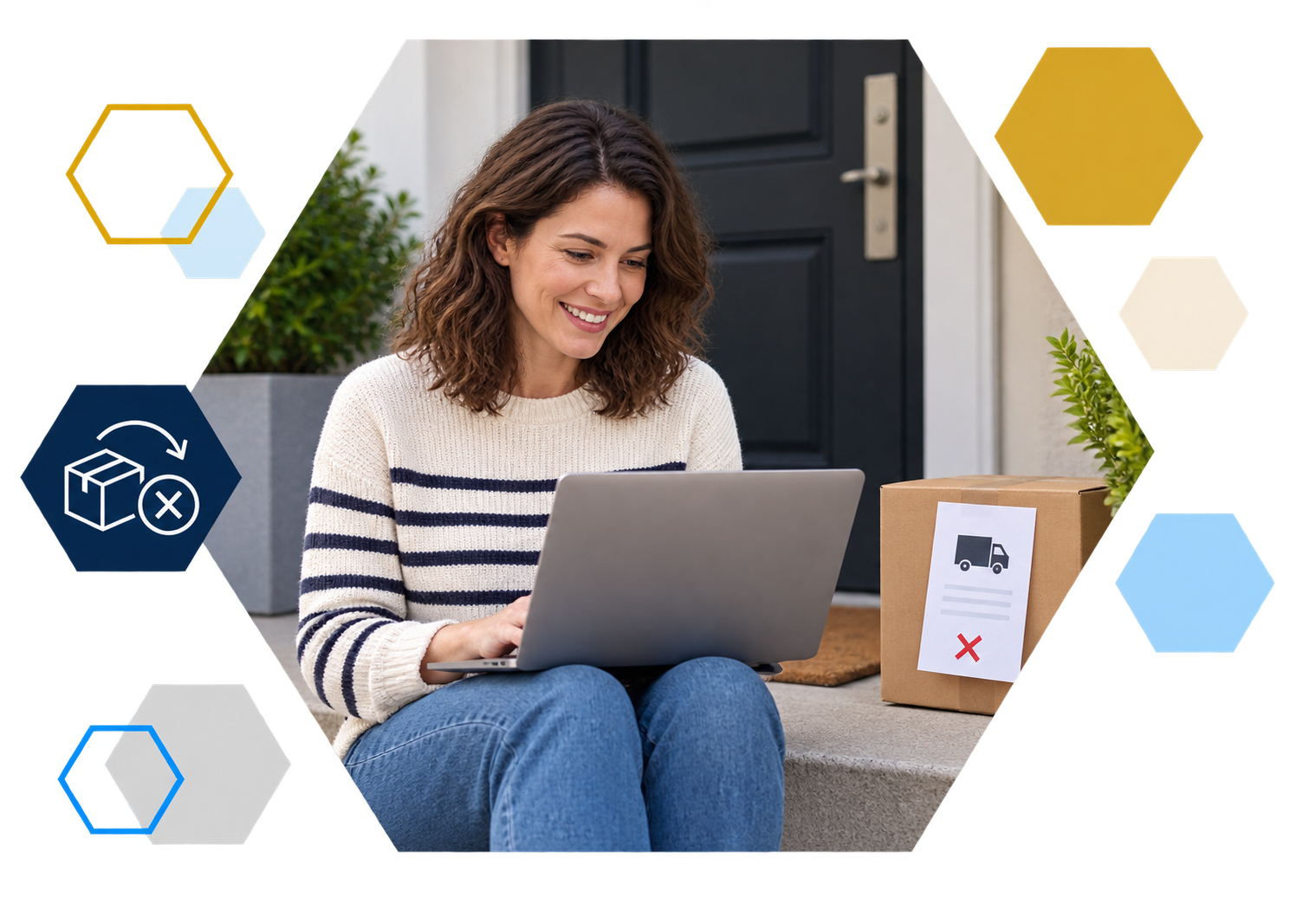 Cardholder making a payment on a laptop with analytics overlays, framed in hexagons