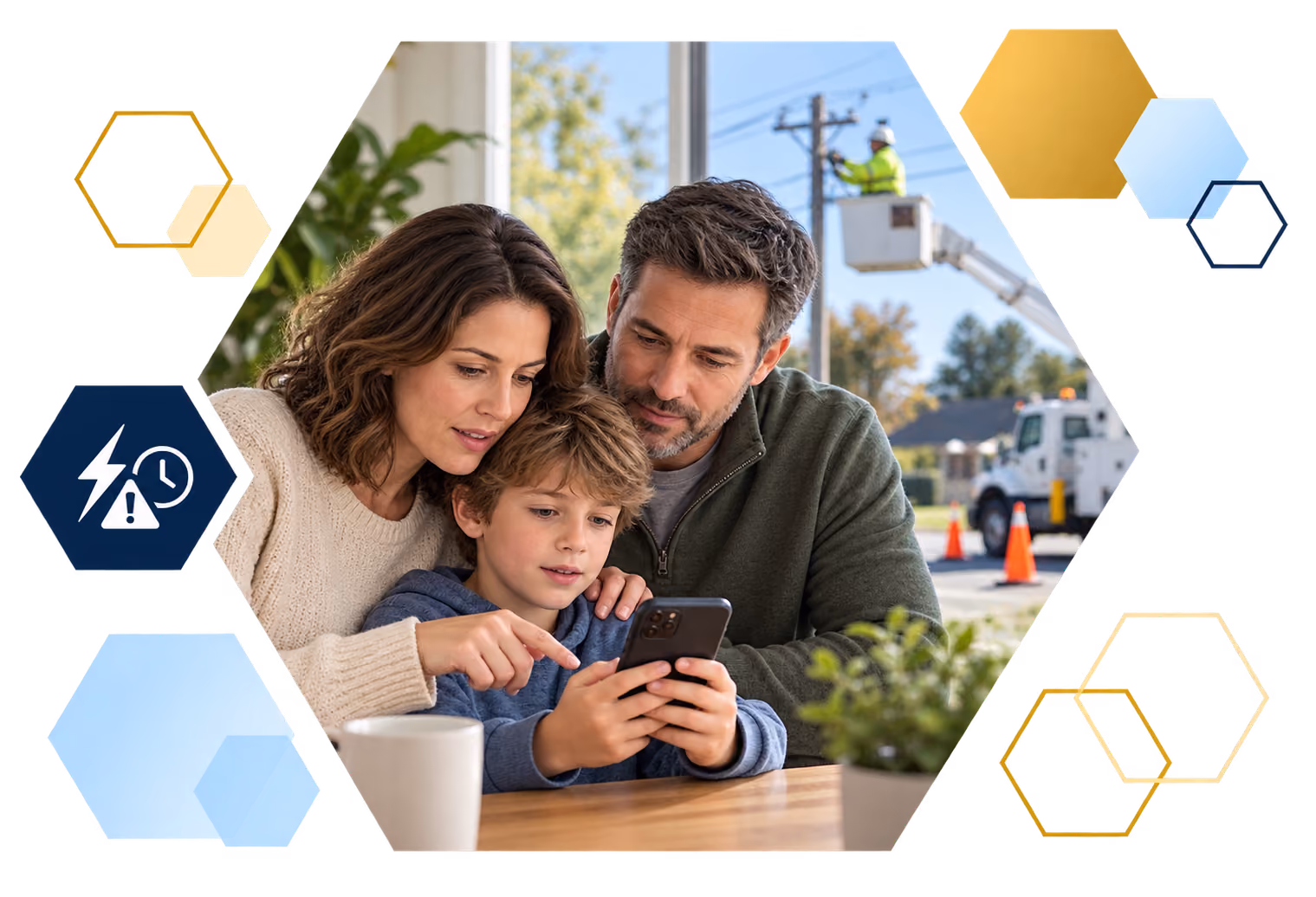 Cardholder making a payment on a laptop with analytics overlays, framed in hexagons