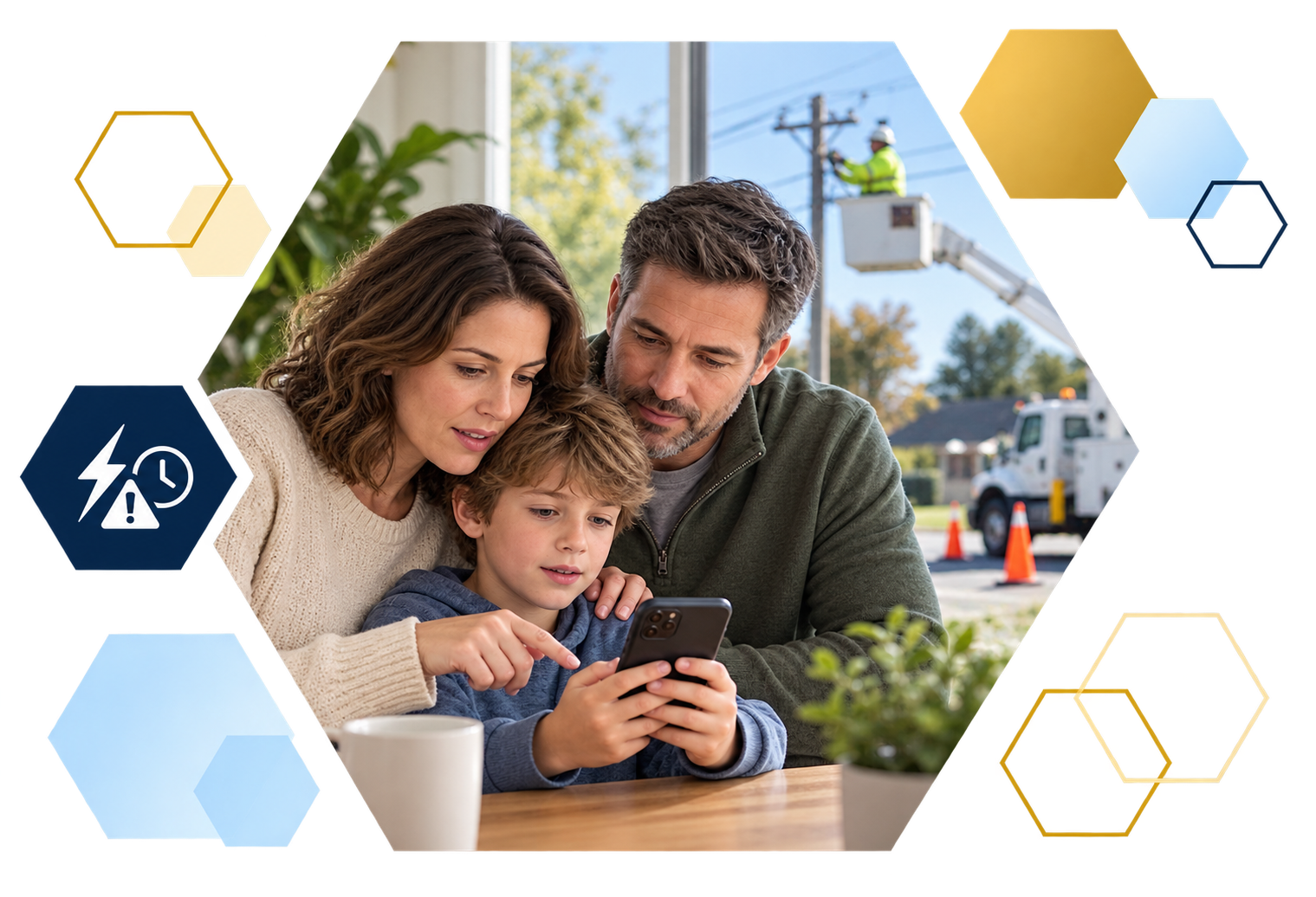 Cardholder making a payment on a laptop with analytics overlays, framed in hexagons