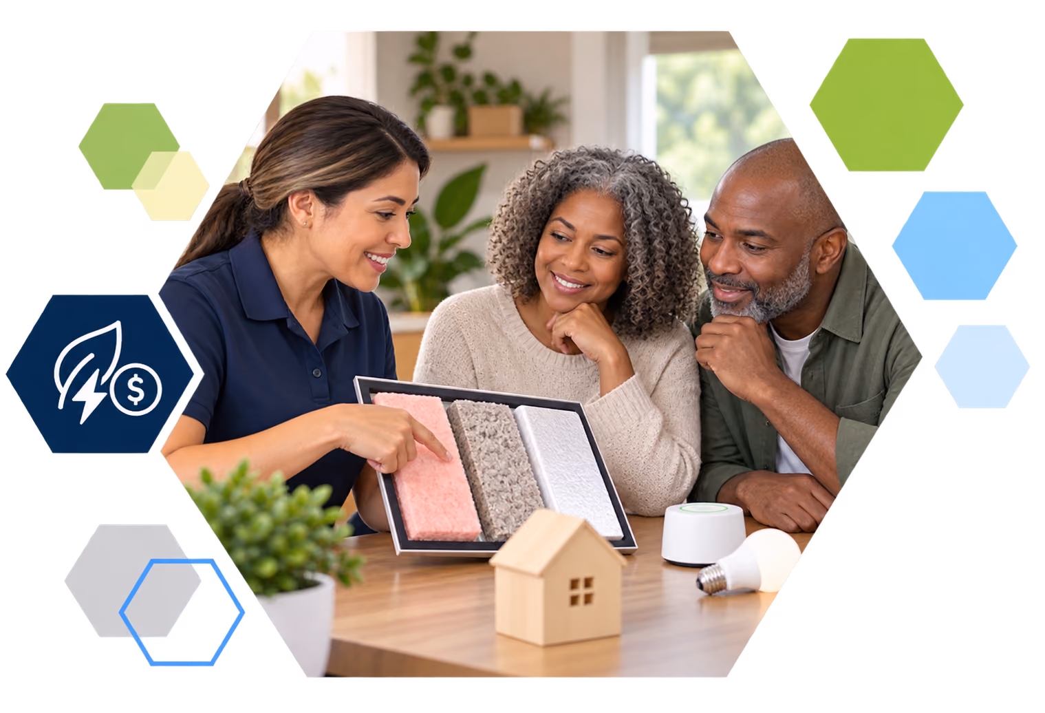 Cardholder making a payment on a laptop with analytics overlays, framed in hexagons