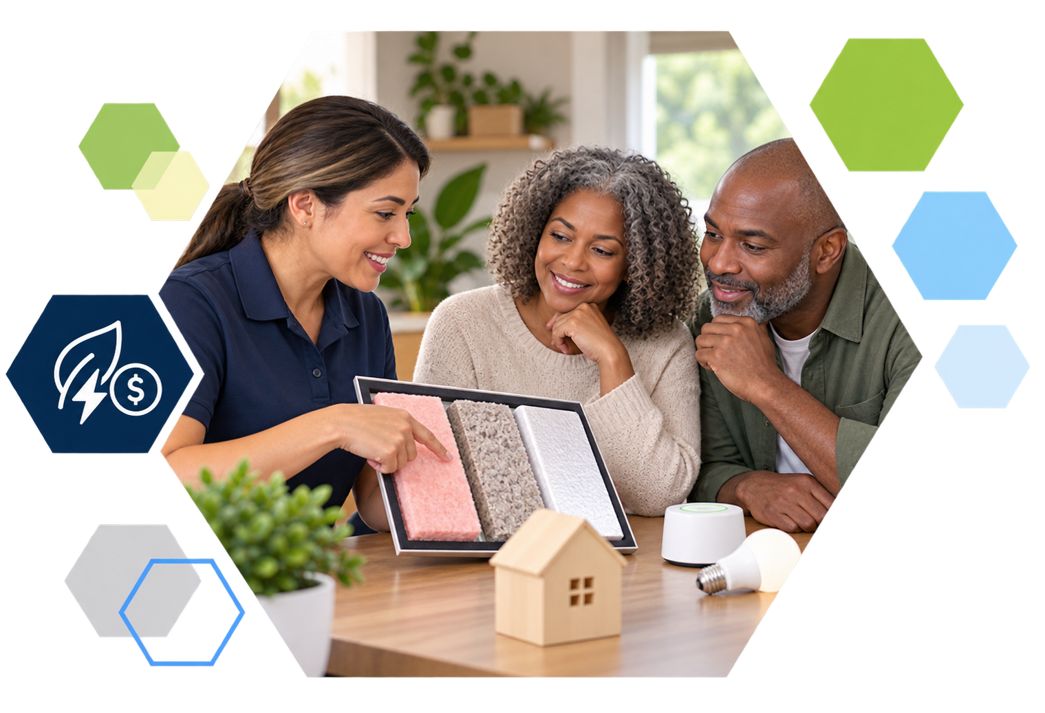 Cardholder making a payment on a laptop with analytics overlays, framed in hexagons