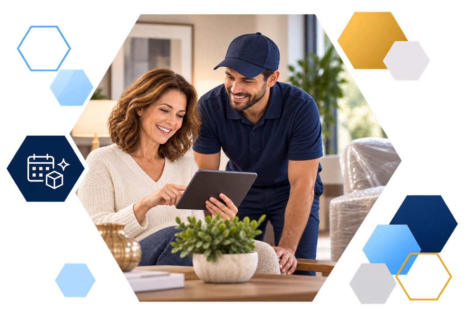 Cardholder making a payment on a laptop with analytics overlays, framed in hexagons