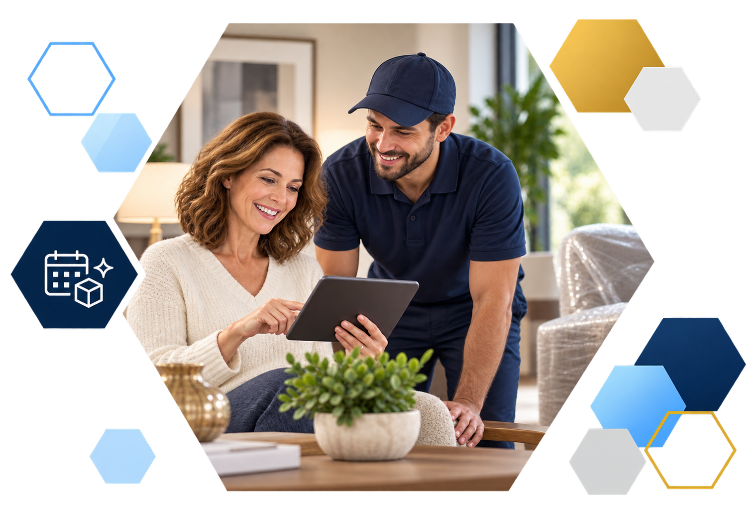 Cardholder making a payment on a laptop with analytics overlays, framed in hexagons