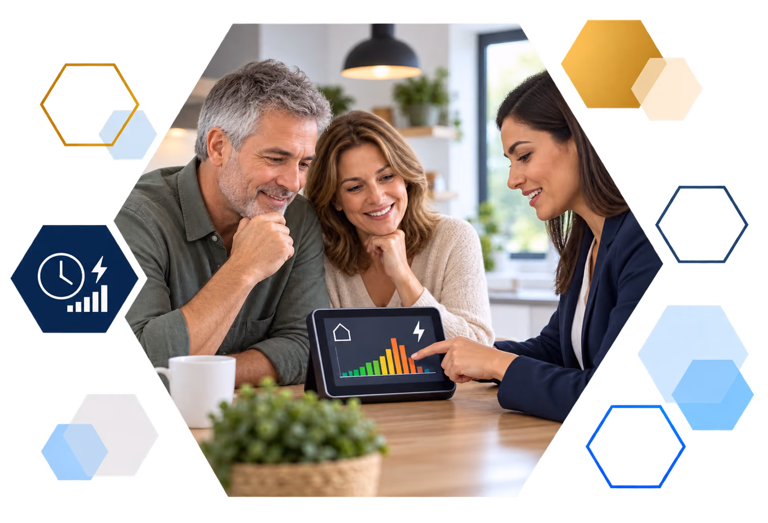 Cardholder making a payment on a laptop with analytics overlays, framed in hexagons