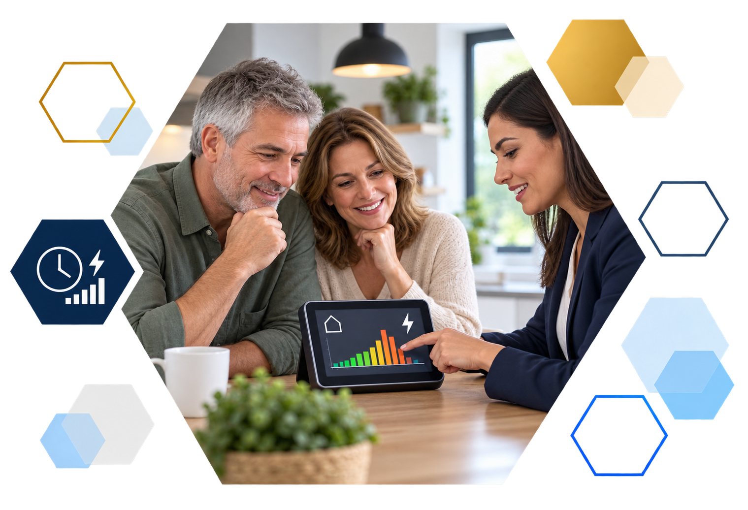 Cardholder making a payment on a laptop with analytics overlays, framed in hexagons