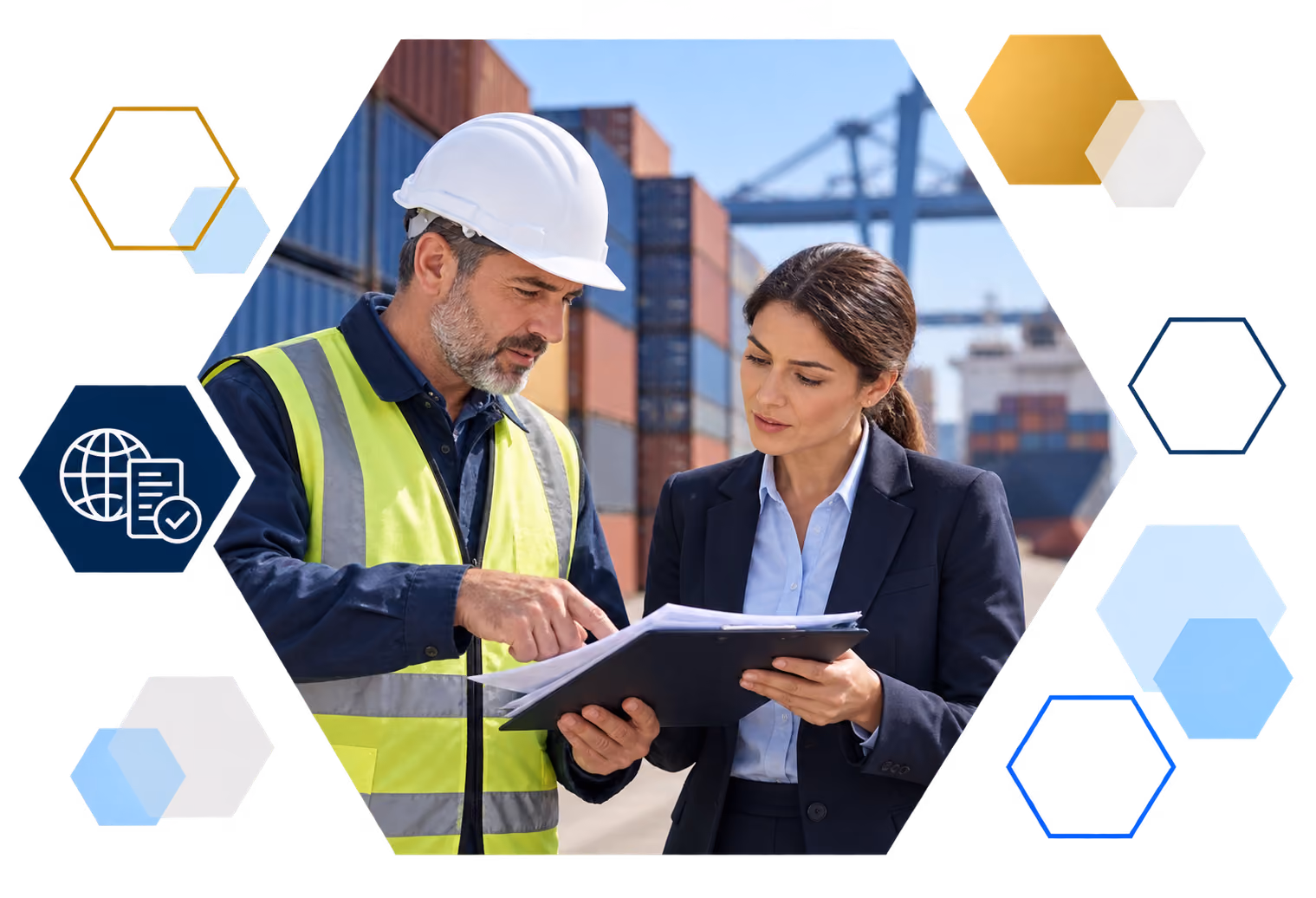 Cardholder making a payment on a laptop with analytics overlays, framed in hexagons