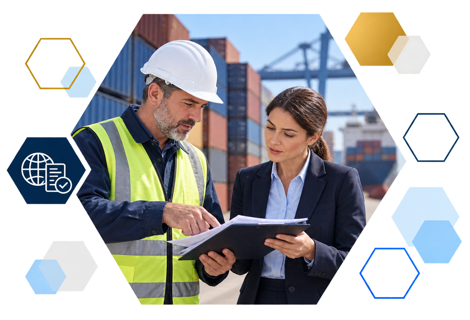 Cardholder making a payment on a laptop with analytics overlays, framed in hexagons