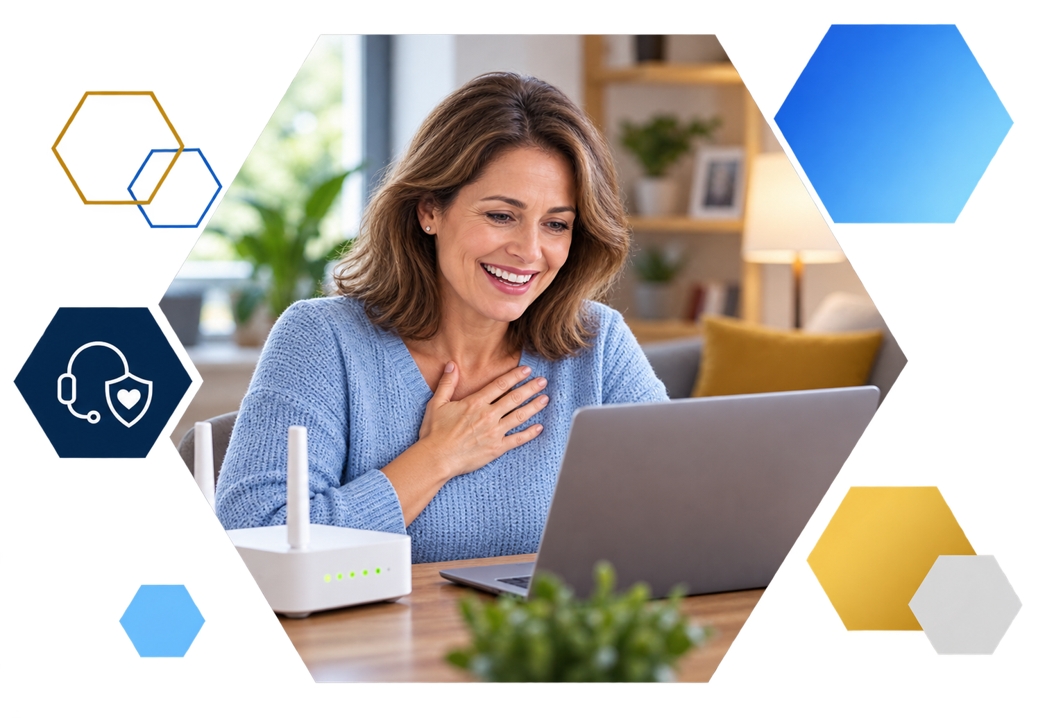 Cardholder making a payment on a laptop with analytics overlays, framed in hexagons