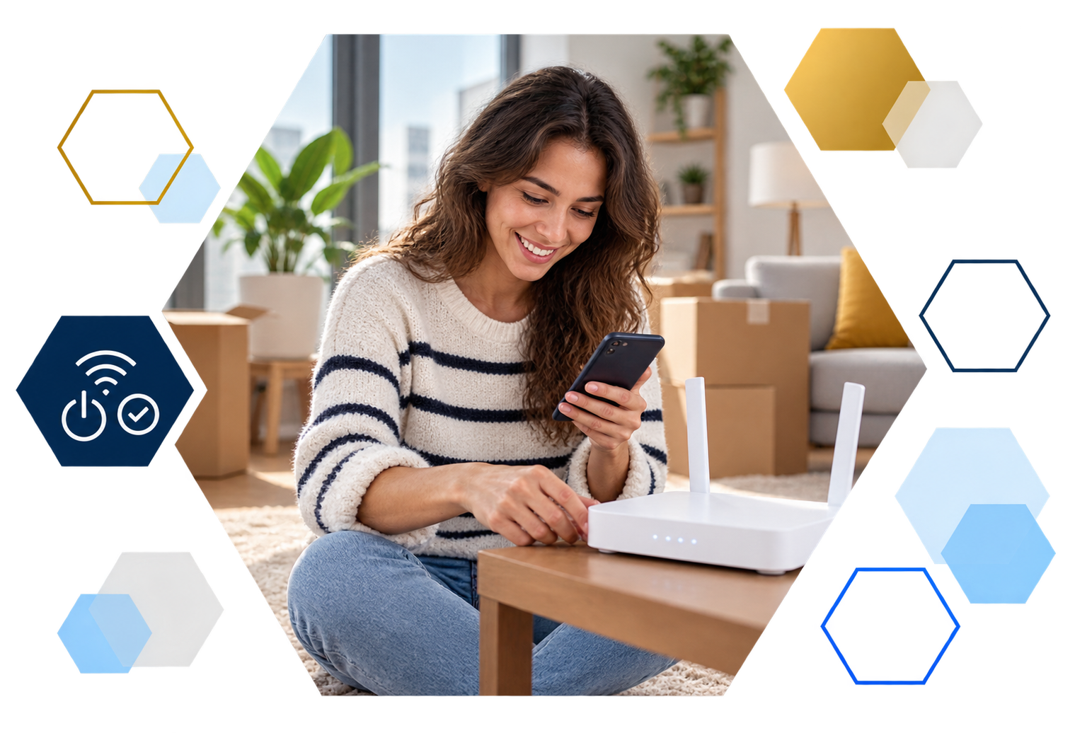 Cardholder making a payment on a laptop with analytics overlays, framed in hexagons