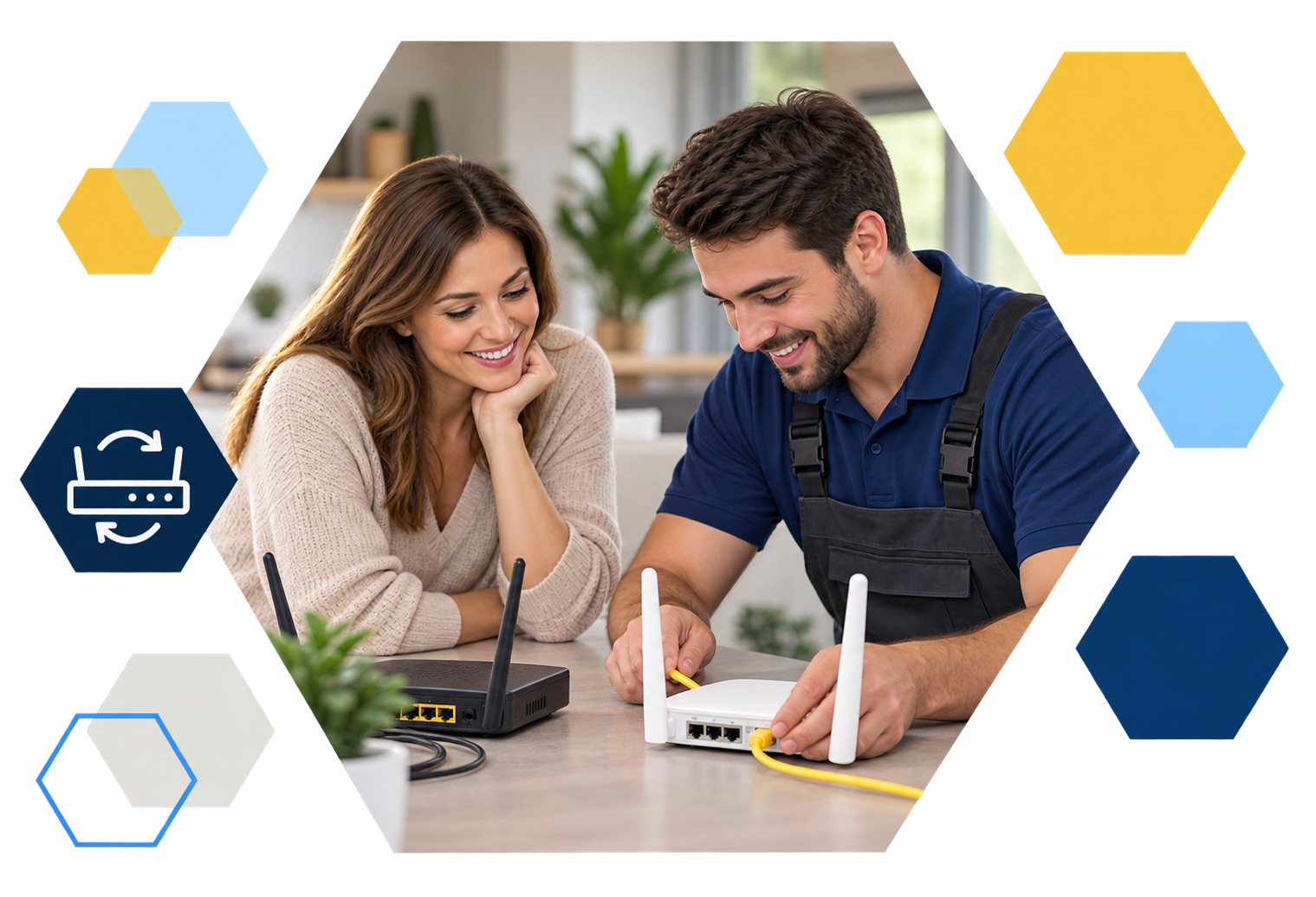 Cardholder making a payment on a laptop with analytics overlays, framed in hexagons