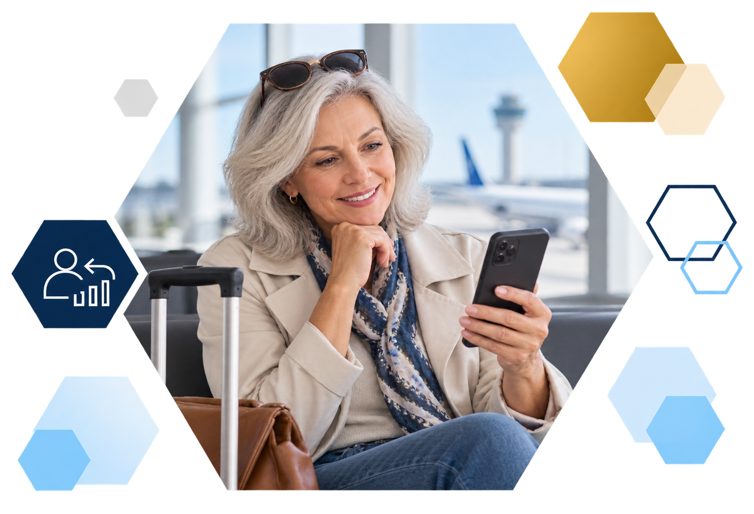 Cardholder making a payment on a laptop with analytics overlays, framed in hexagons
