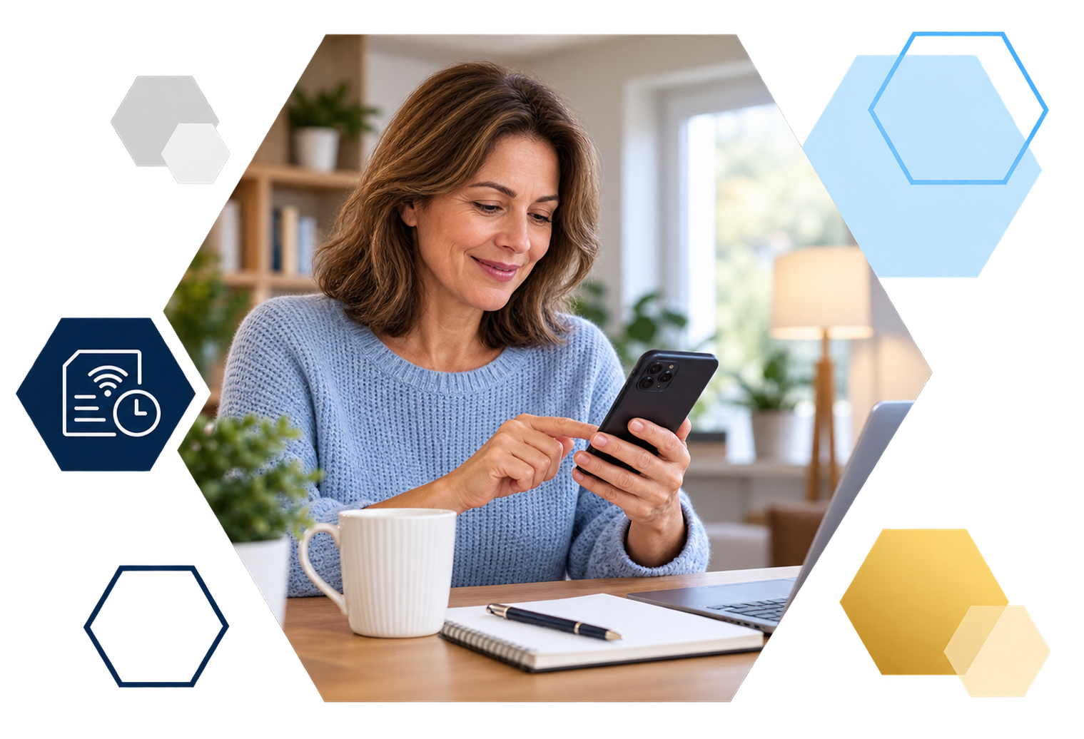 Cardholder making a payment on a laptop with analytics overlays, framed in hexagons