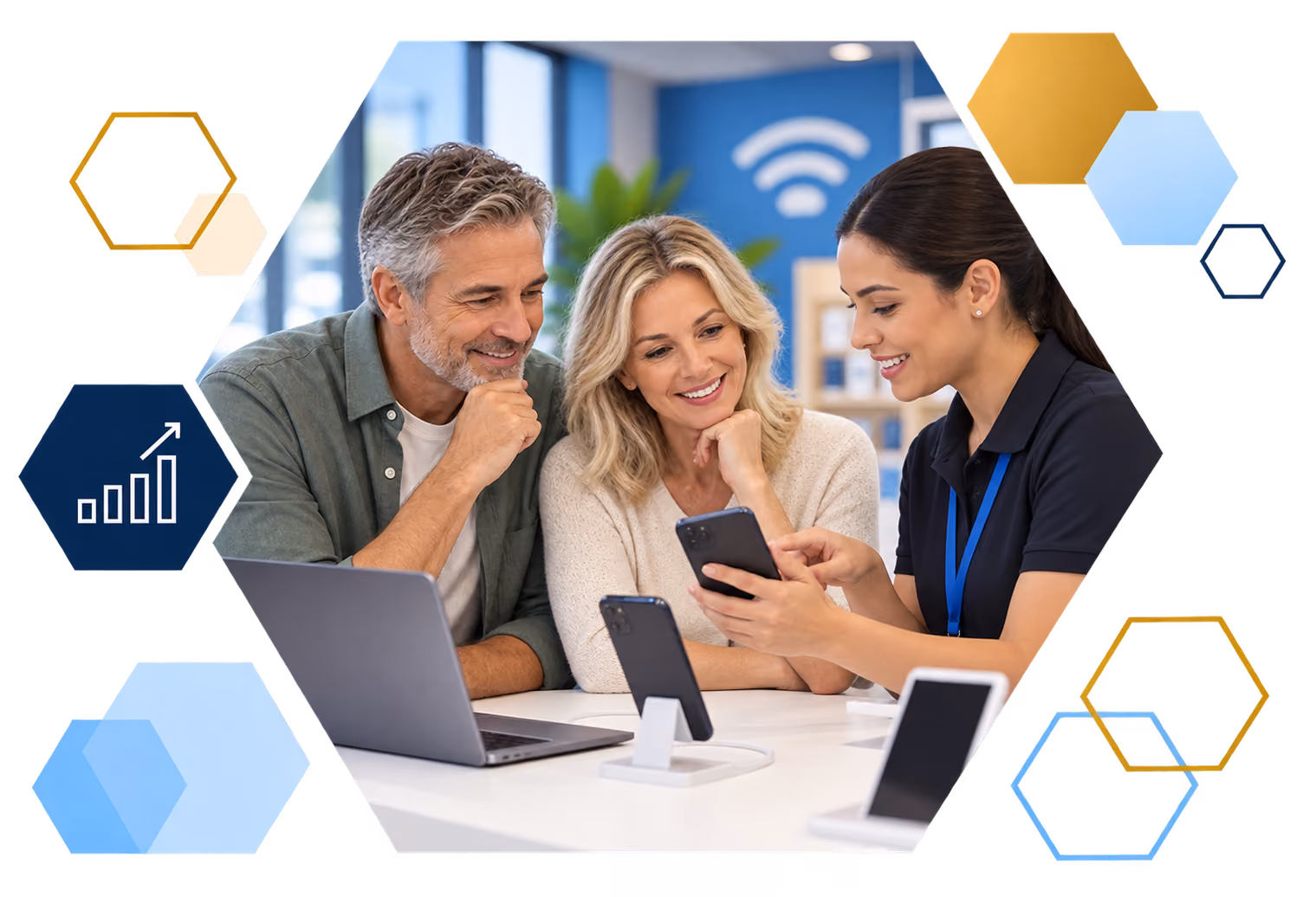 Cardholder making a payment on a laptop with analytics overlays, framed in hexagons