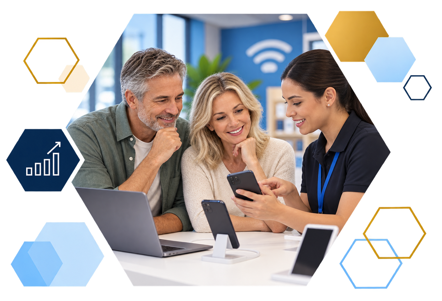 Cardholder making a payment on a laptop with analytics overlays, framed in hexagons