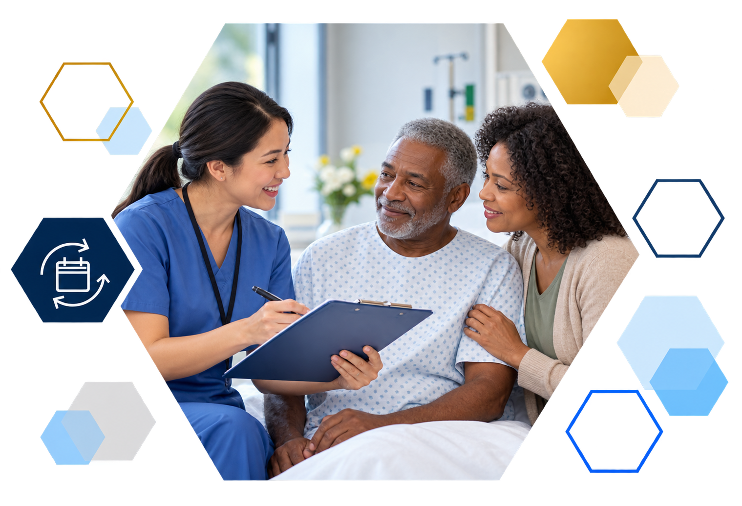 Cardholder making a payment on a laptop with analytics overlays, framed in hexagons