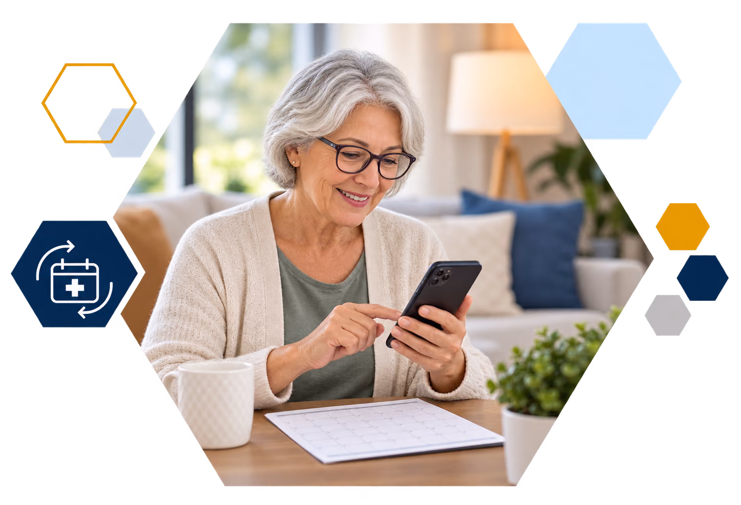 Cardholder making a payment on a laptop with analytics overlays, framed in hexagons