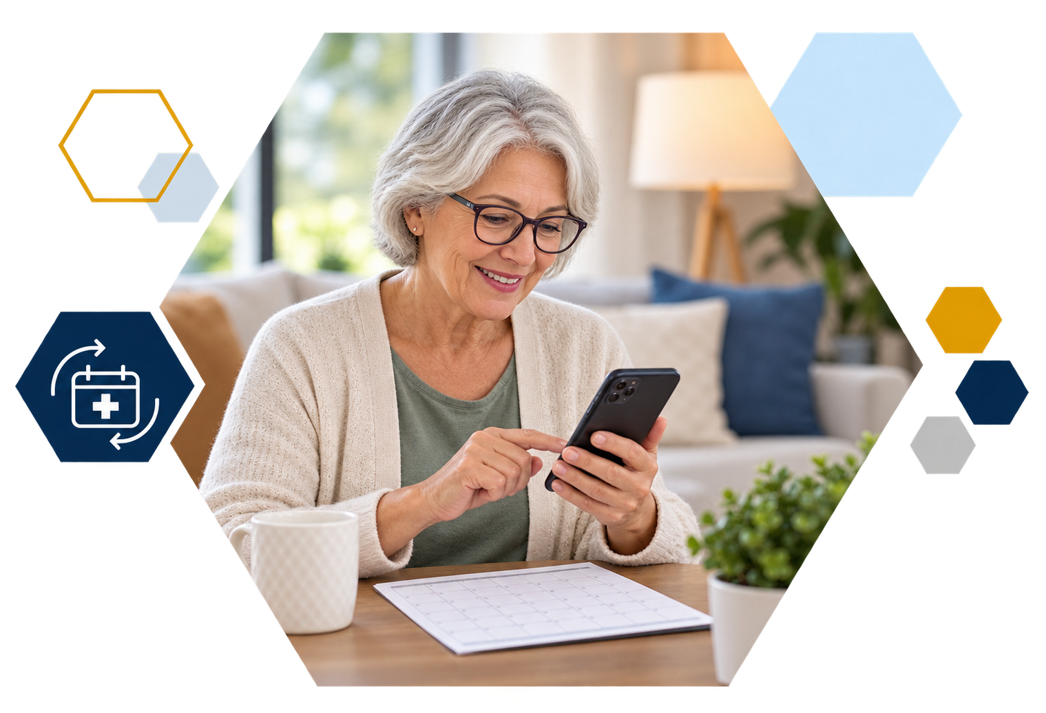Cardholder making a payment on a laptop with analytics overlays, framed in hexagons