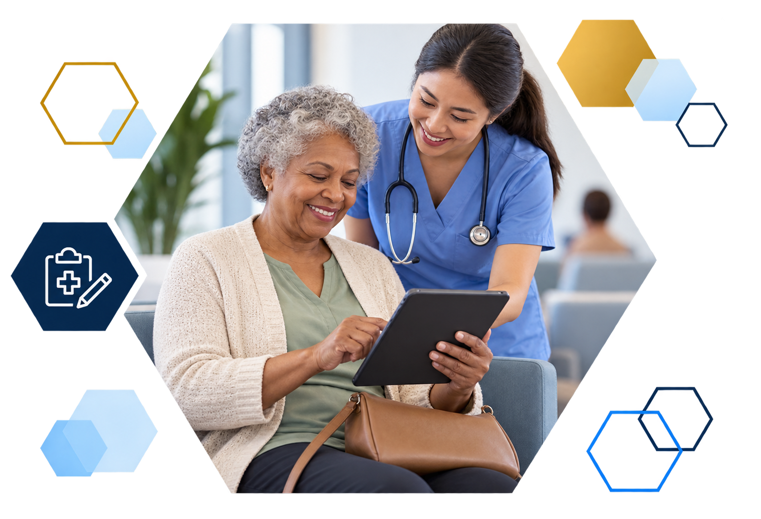 Cardholder making a payment on a laptop with analytics overlays, framed in hexagons