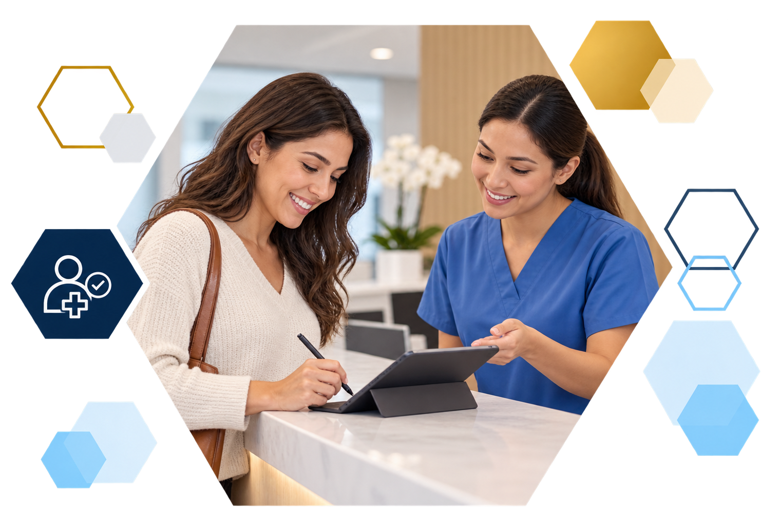 Cardholder making a payment on a laptop with analytics overlays, framed in hexagons
