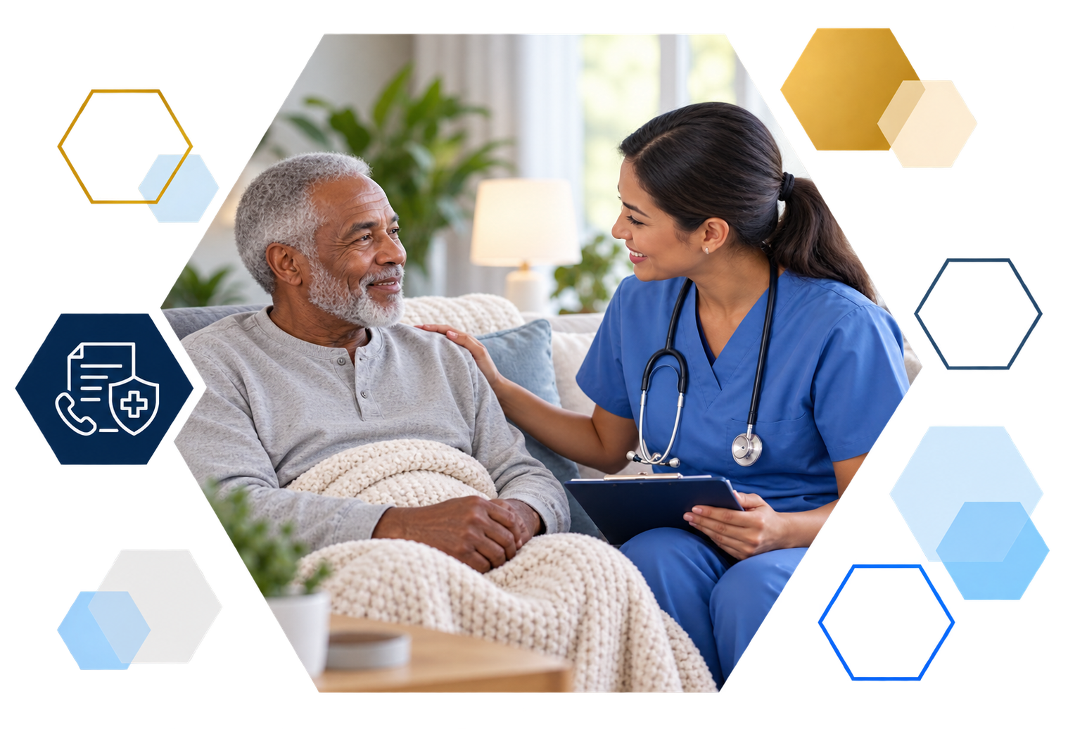 Cardholder making a payment on a laptop with analytics overlays, framed in hexagons