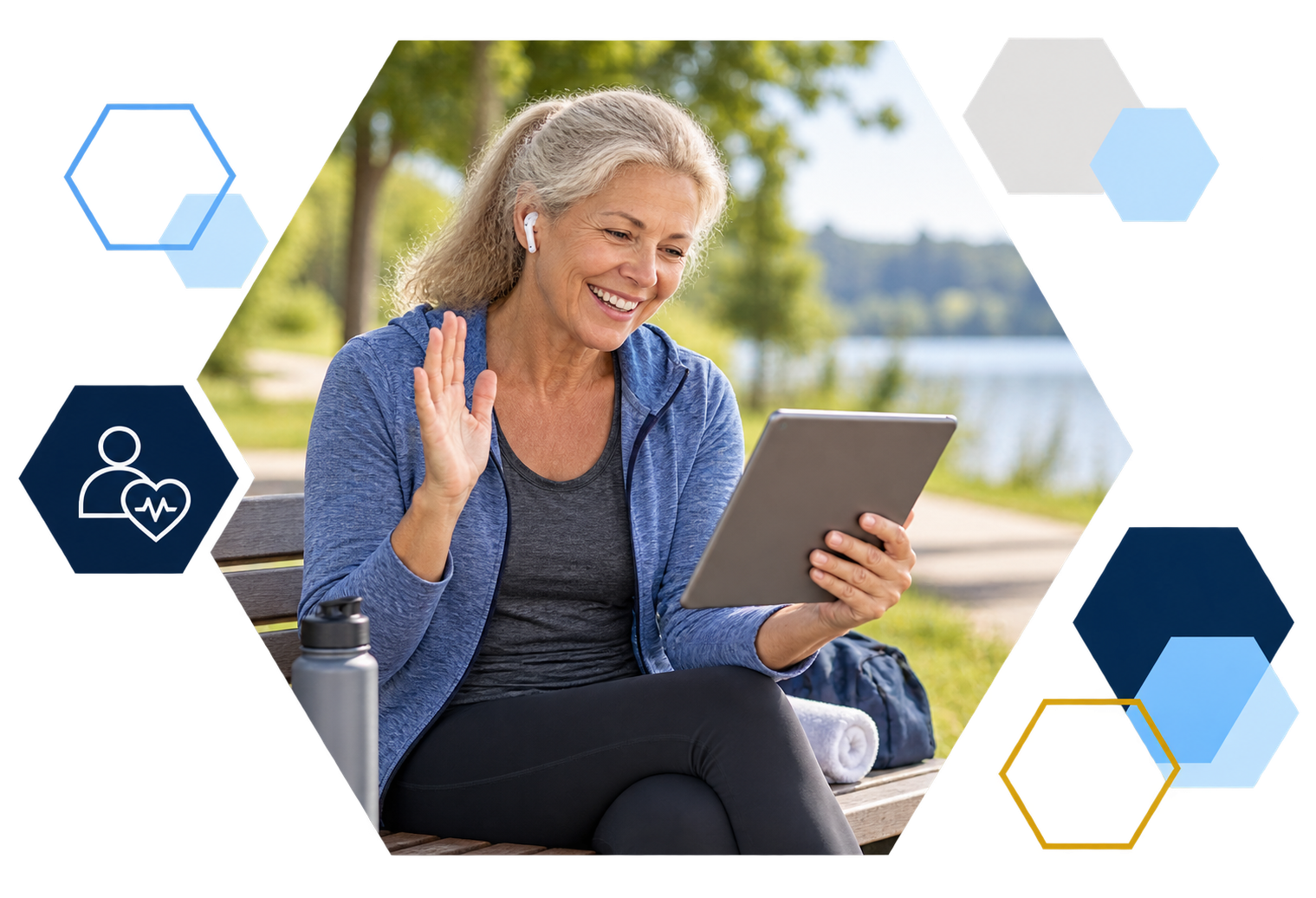 Cardholder making a payment on a laptop with analytics overlays, framed in hexagons
