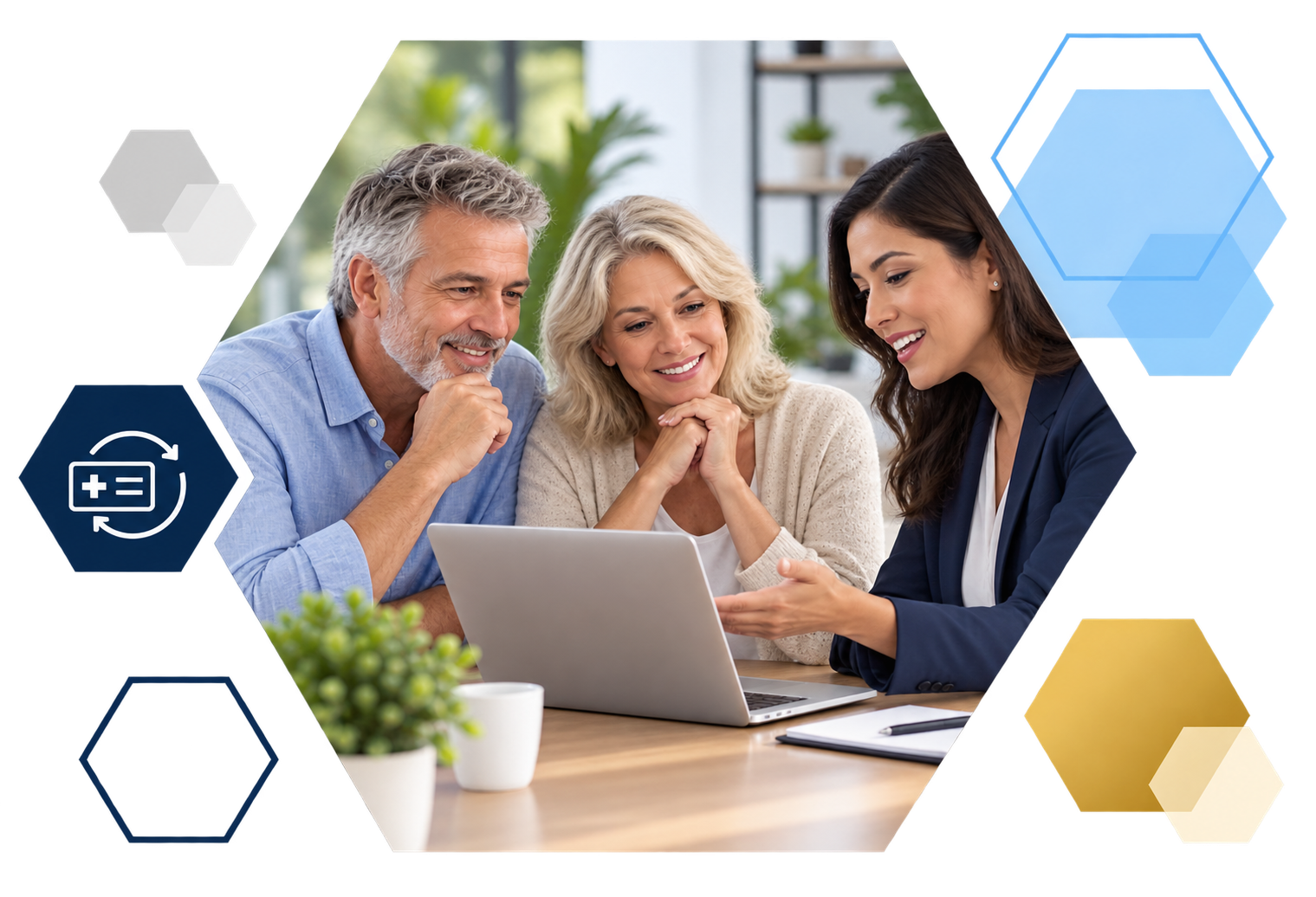 Cardholder making a payment on a laptop with analytics overlays, framed in hexagons