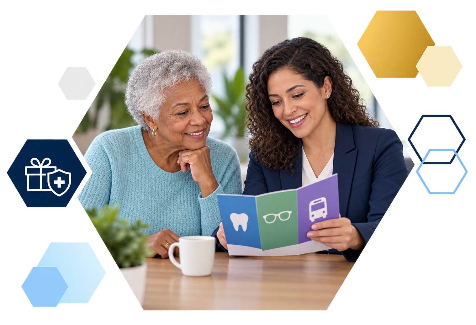 Cardholder making a payment on a laptop with analytics overlays, framed in hexagons