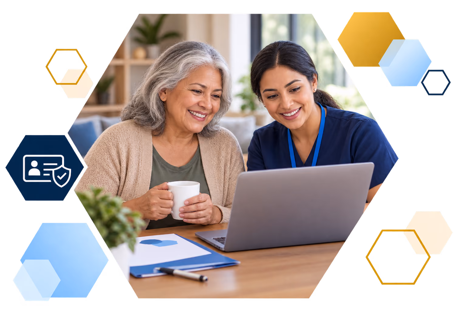 Cardholder making a payment on a laptop with analytics overlays, framed in hexagons