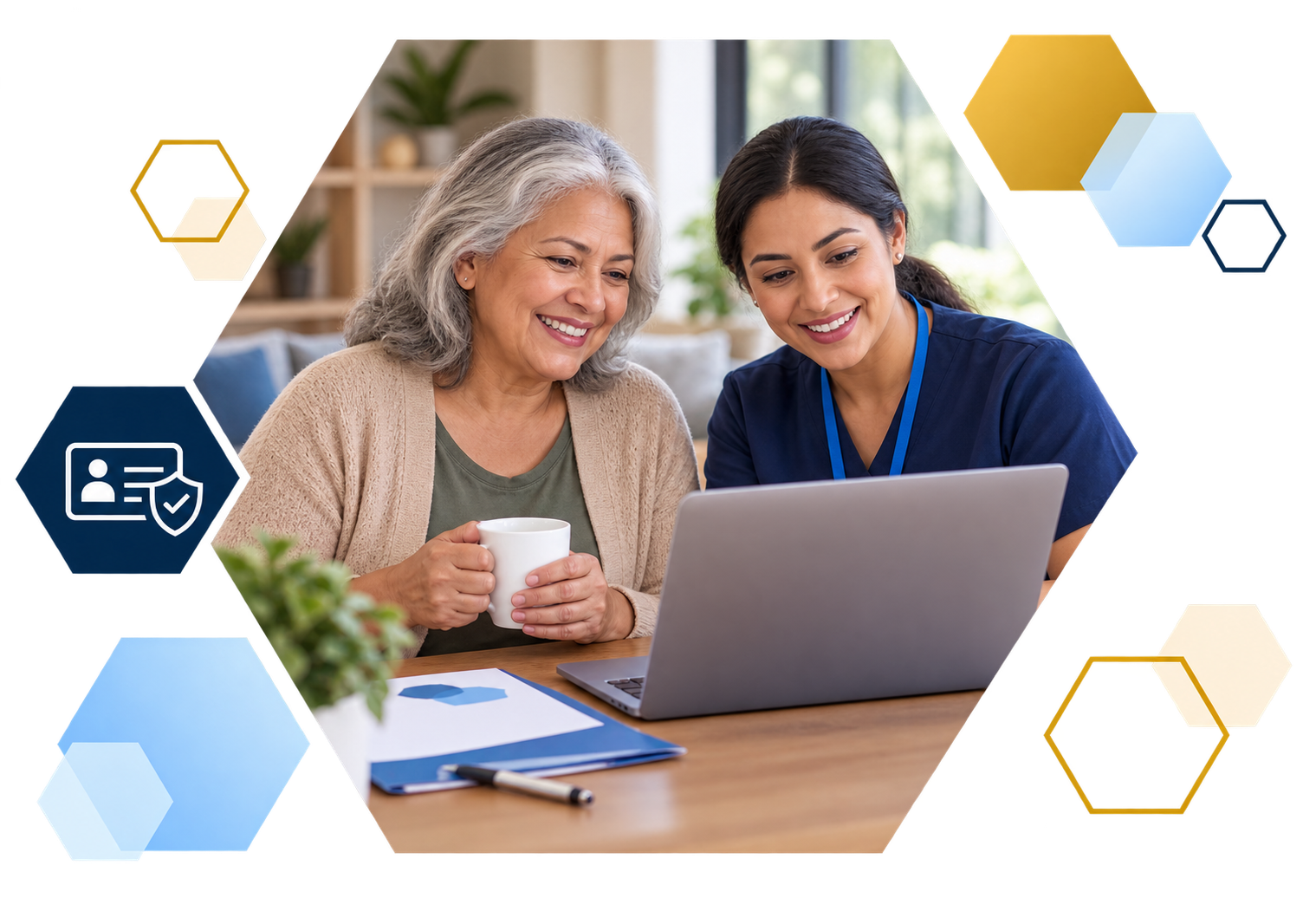 Cardholder making a payment on a laptop with analytics overlays, framed in hexagons