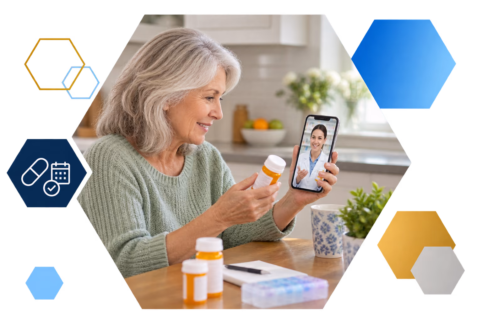 Cardholder making a payment on a laptop with analytics overlays, framed in hexagons