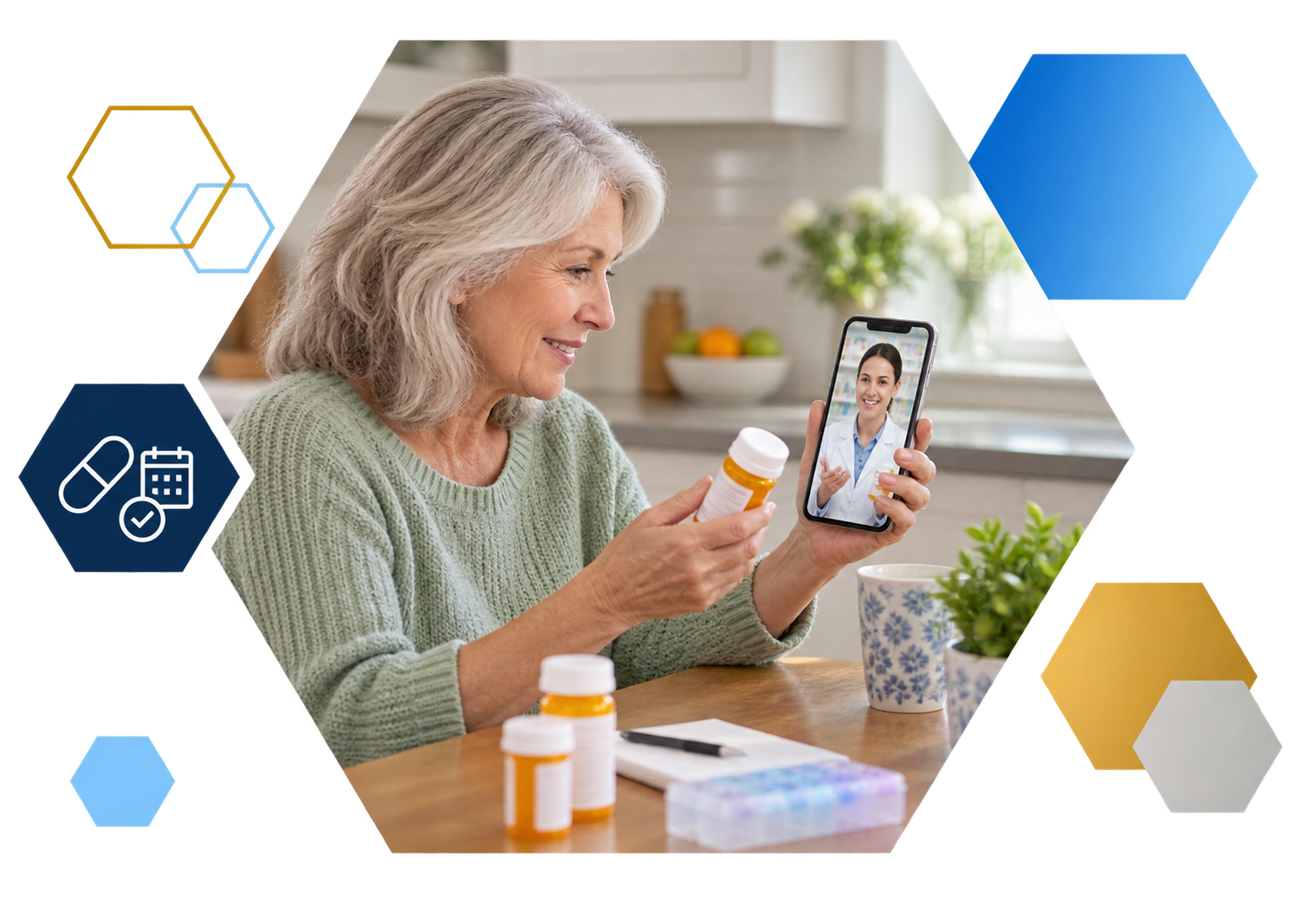 Cardholder making a payment on a laptop with analytics overlays, framed in hexagons