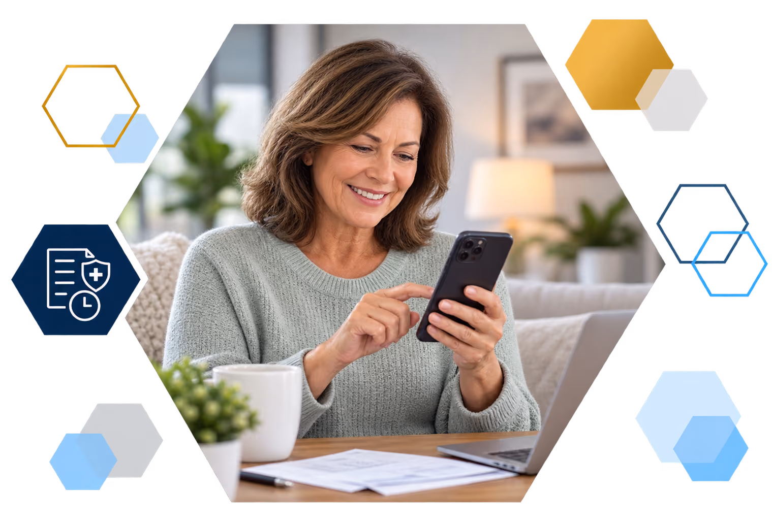 Cardholder making a payment on a laptop with analytics overlays, framed in hexagons