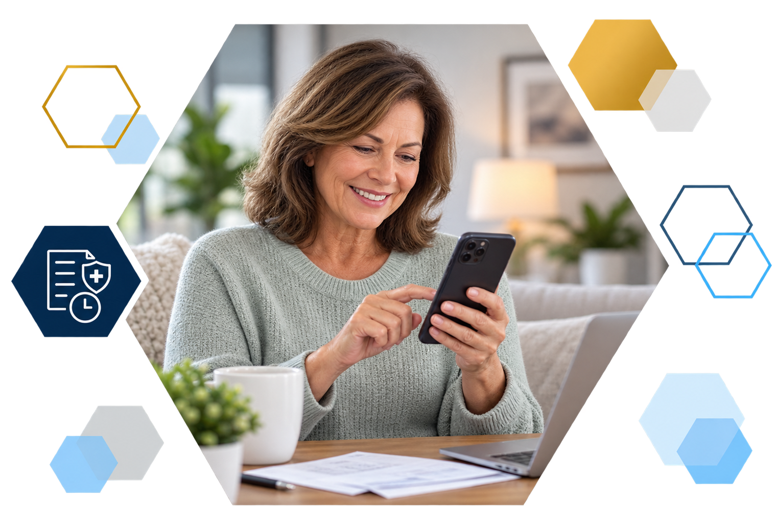 Cardholder making a payment on a laptop with analytics overlays, framed in hexagons