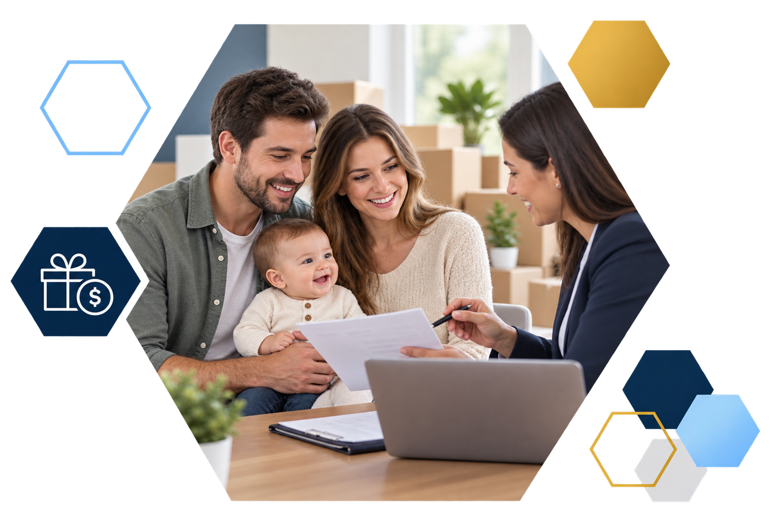 Cardholder making a payment on a laptop with analytics overlays, framed in hexagons