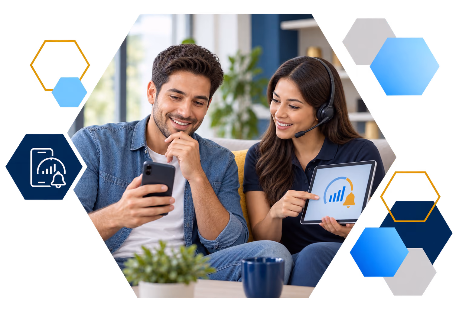 Cardholder making a payment on a laptop with analytics overlays, framed in hexagons