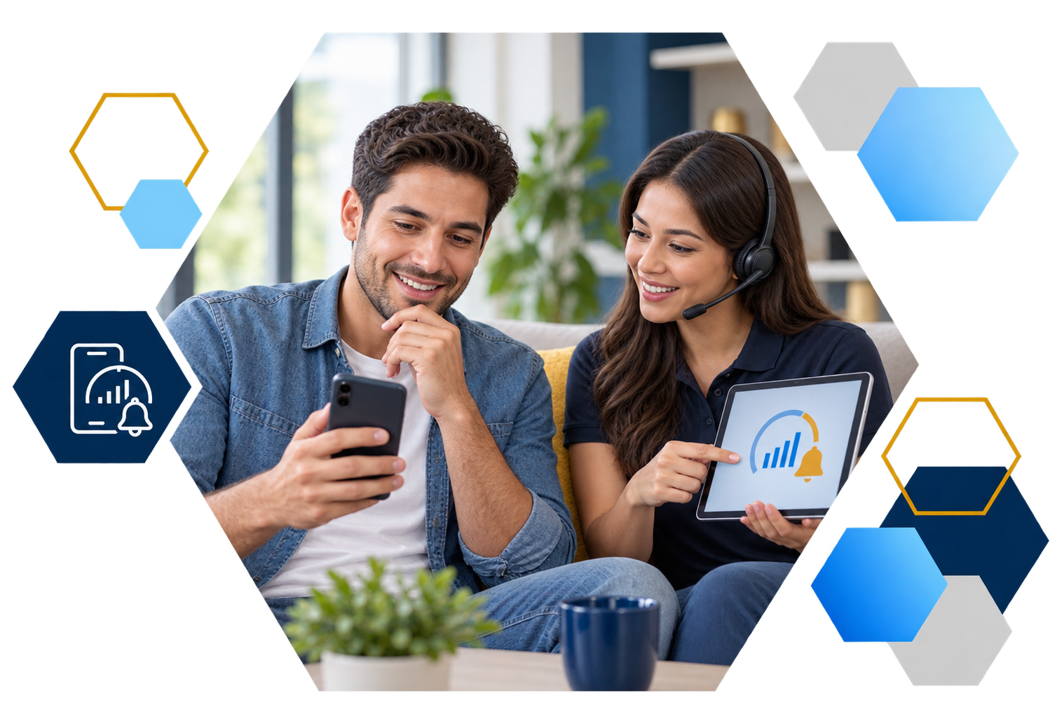 Cardholder making a payment on a laptop with analytics overlays, framed in hexagons