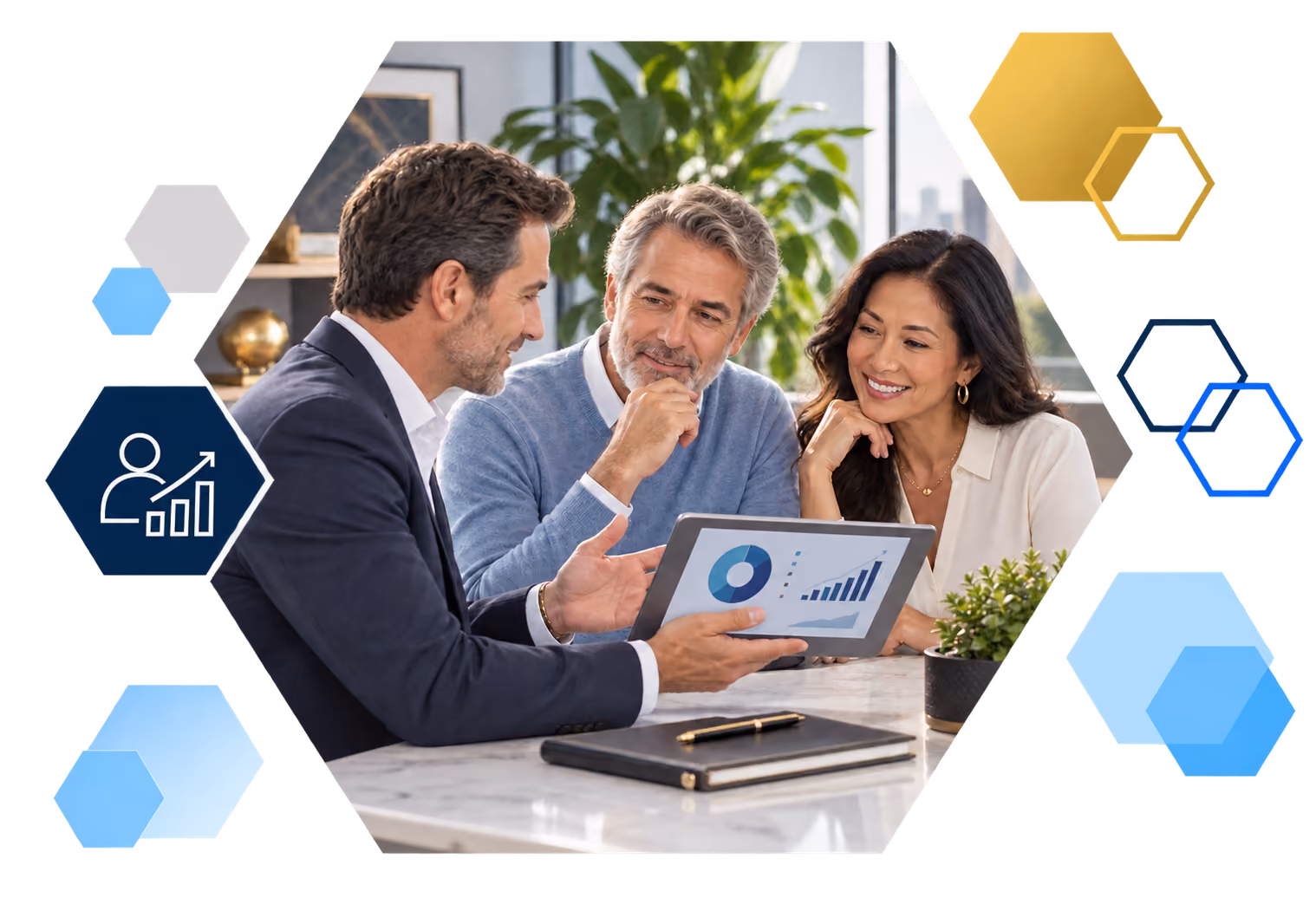 Cardholder making a payment on a laptop with analytics overlays, framed in hexagons