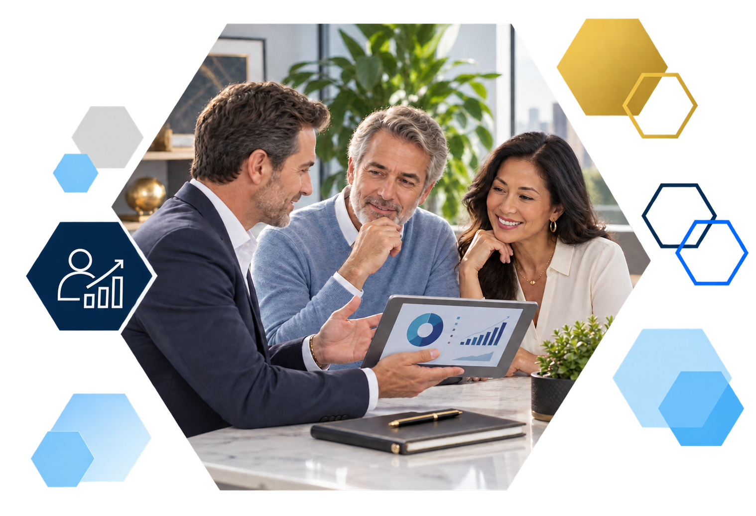 Cardholder making a payment on a laptop with analytics overlays, framed in hexagons