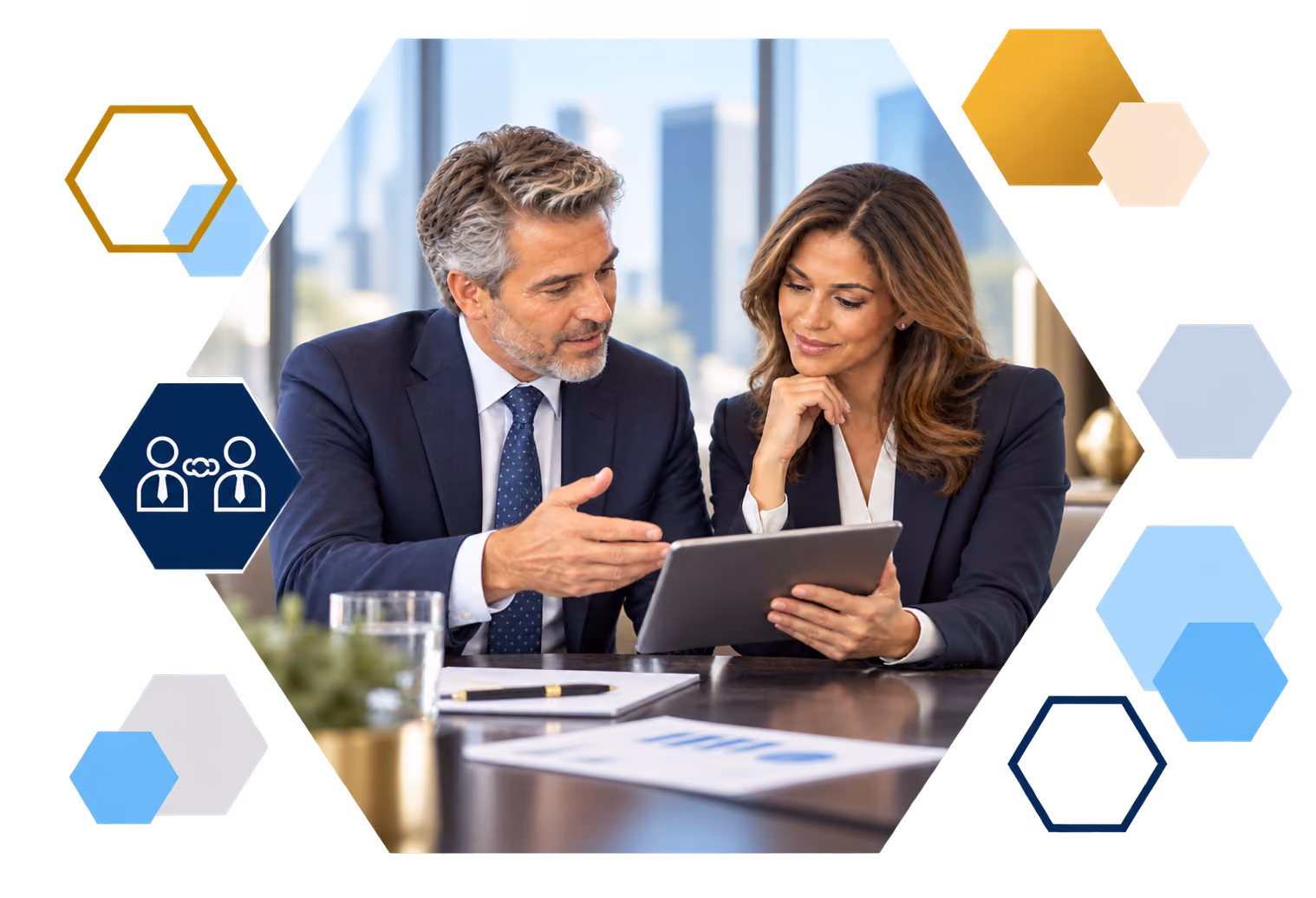 Cardholder making a payment on a laptop with analytics overlays, framed in hexagons