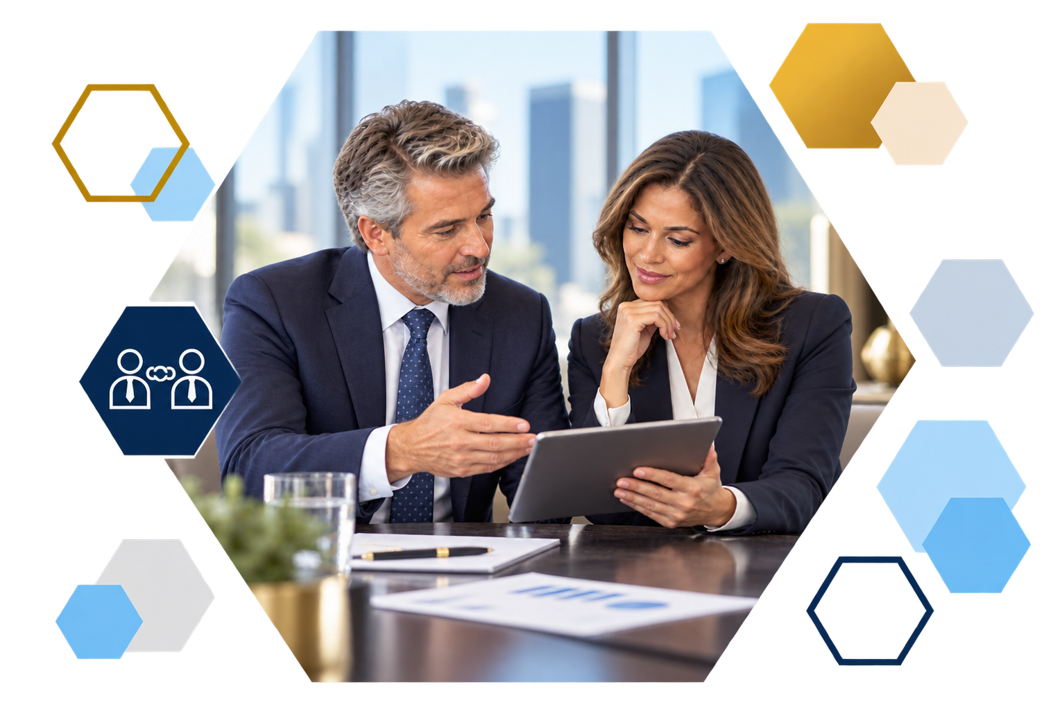 Cardholder making a payment on a laptop with analytics overlays, framed in hexagons