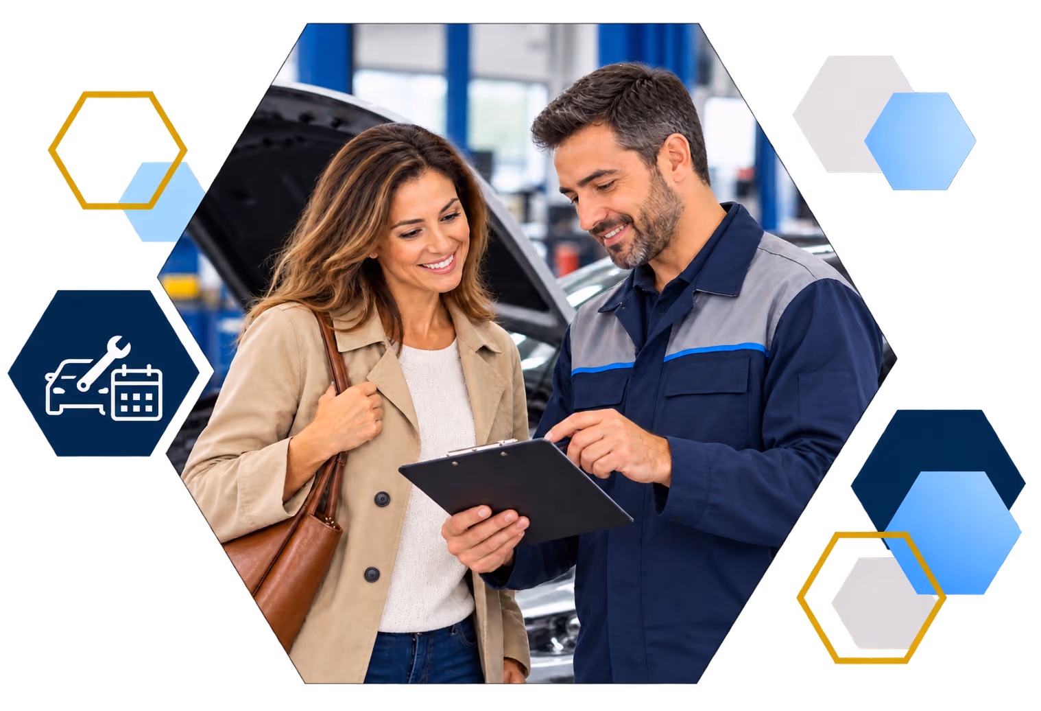 Cardholder making a payment on a laptop with analytics overlays, framed in hexagons