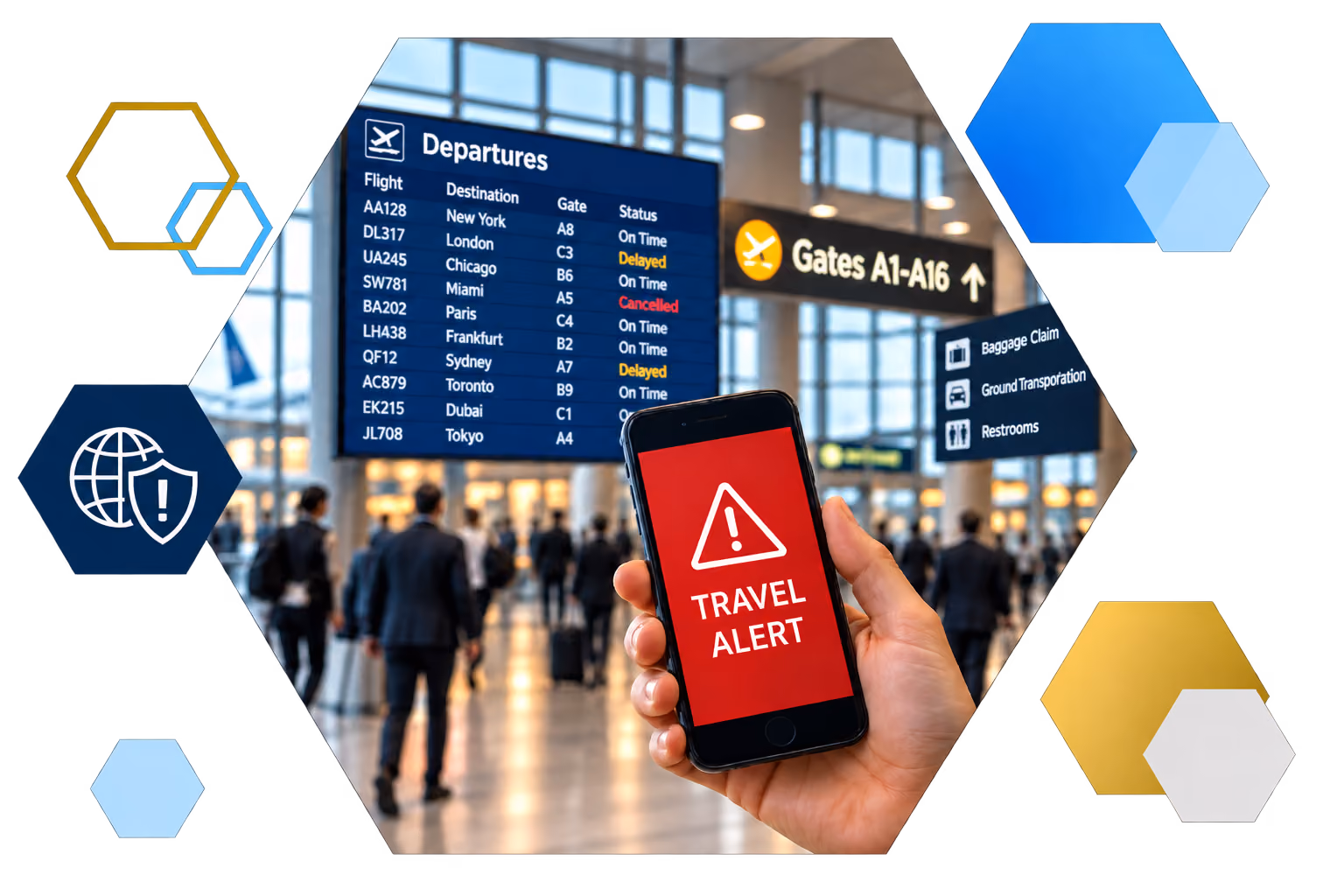Cardholder making a payment on a laptop with analytics overlays, framed in hexagons